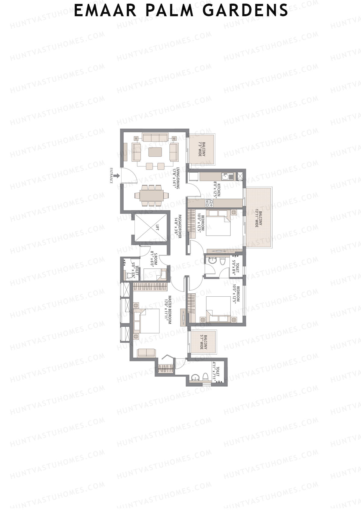 Emaar Palm Gardens, Tower 10, Unit 1 (Type 2), 3BHK, Super Area 1720   sq ft 