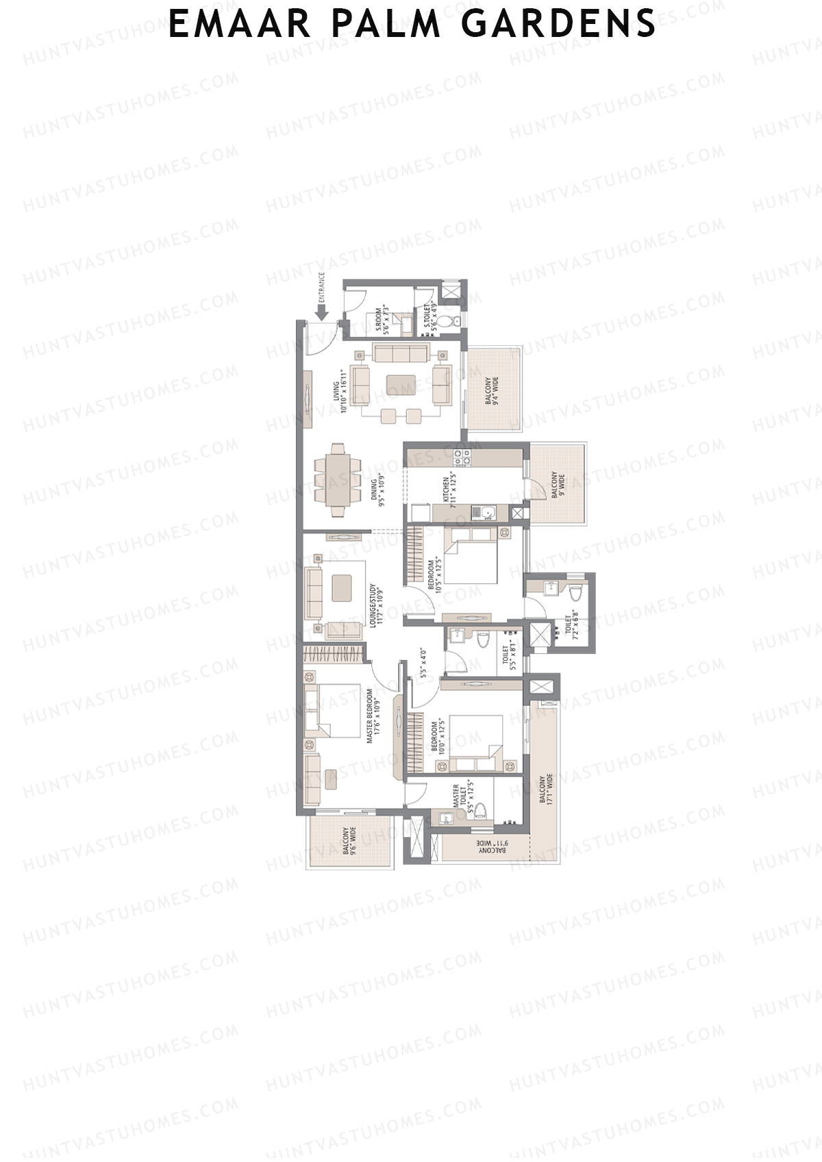 Emaar Palm Gardens, Tower 10, Unit 2 (Type 1F), 3BHK, Super Area 1950   sq ft 
