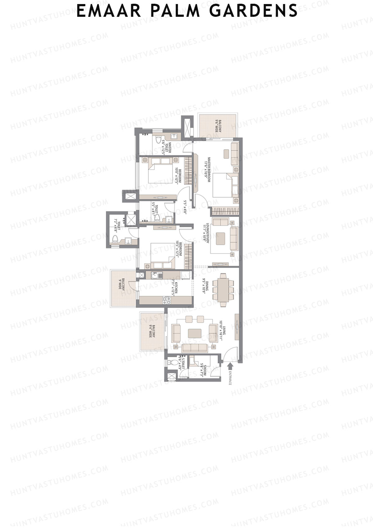 Emaar Palm Gardens, Tower 11, Unit 2 (Type 1E), 3BHK, Super Area 1900   sq ft 