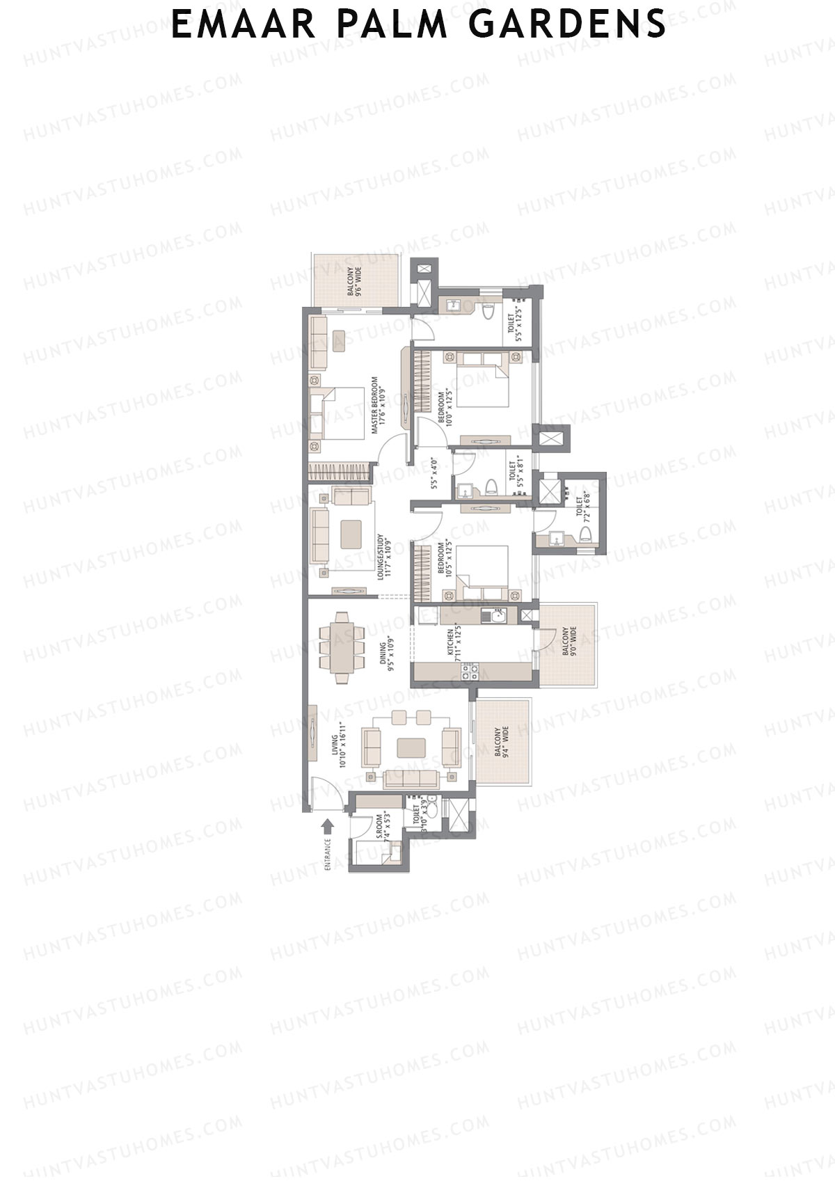Emaar Palm Gardens, Tower 12, Unit 3 (Type 1G), 3BHK, Super Area 1900   sq ft 
