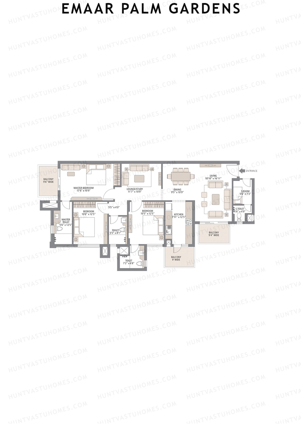 Emaar Palm Gardens, Tower 2, Unit 2 (Type 1E), 3BHK, Super Area 1900   sq ft 
