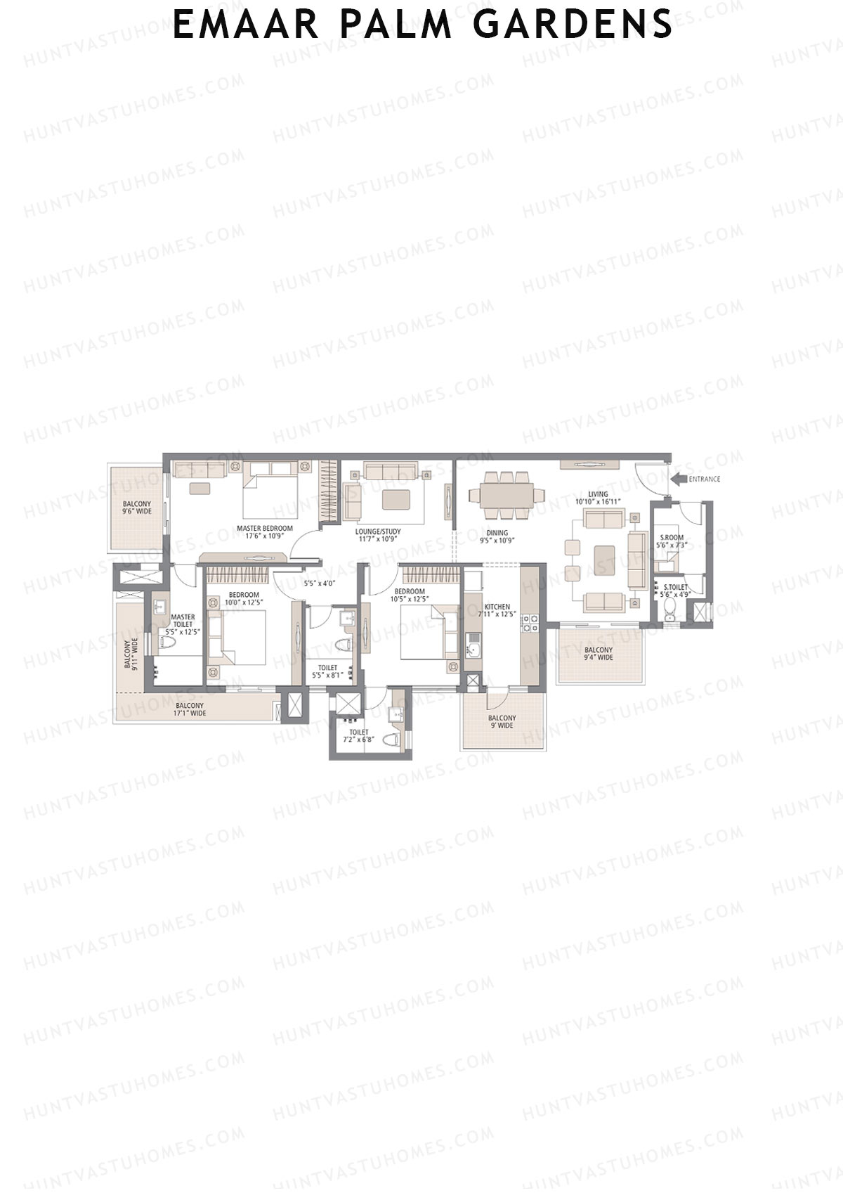 Emaar Palm Gardens, Tower 2, Unit 2 (Type 1F), 3BHK, Super Area 1950   sq ft 