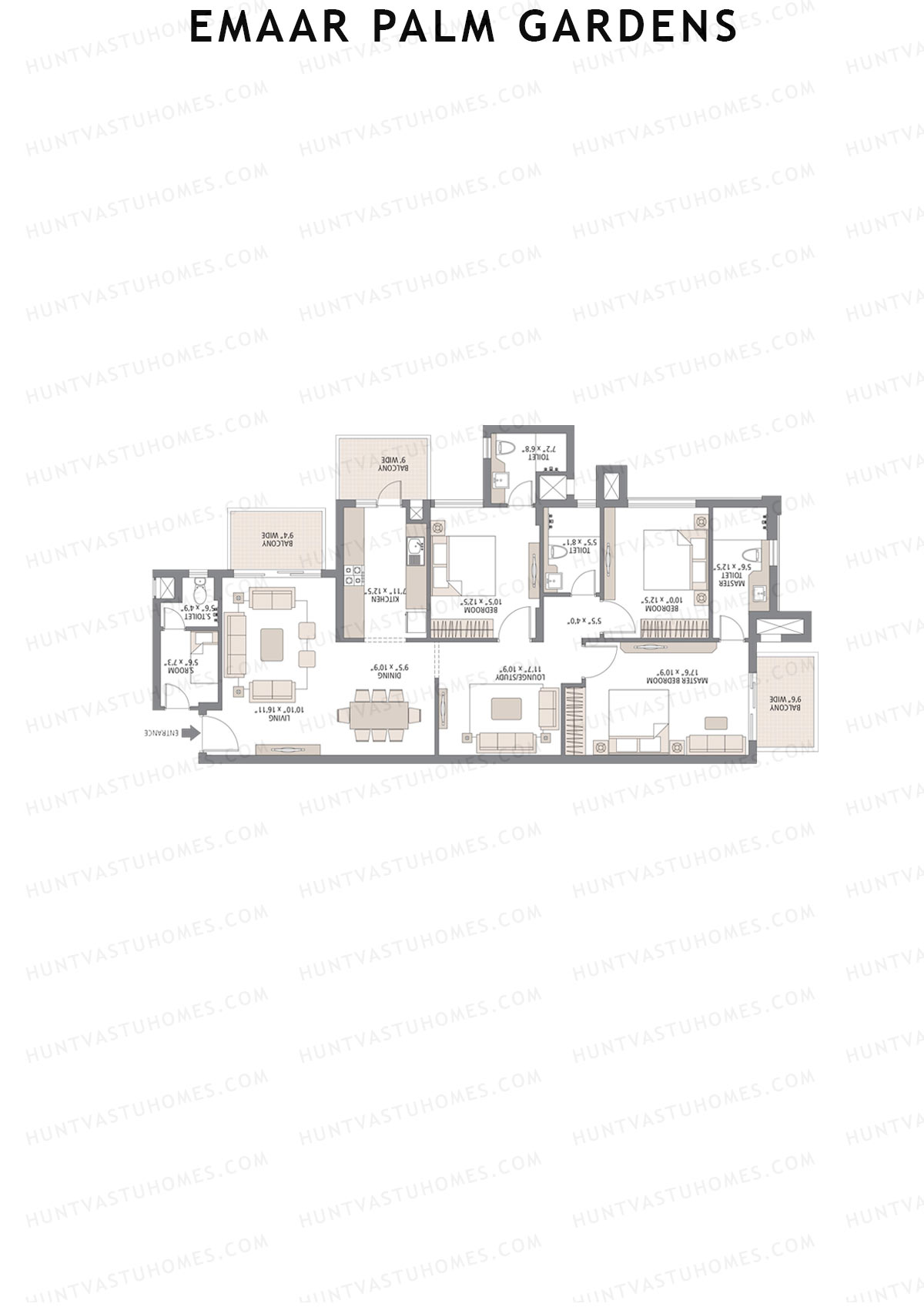 Emaar Palm Gardens, Tower 2, Unit 5 (Type 1E), 3BHK, Super Area 1900   sq ft 