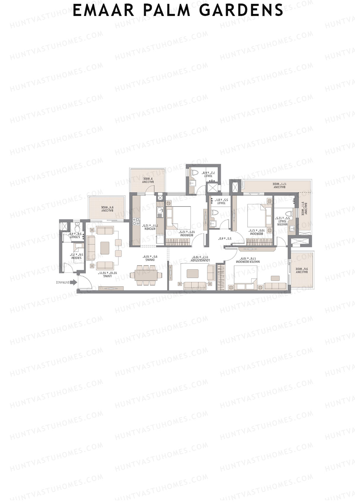 Emaar Palm Gardens, Tower 2, Unit 5 (Type 1F), 3BHK, Super Area 1950   sq ft 