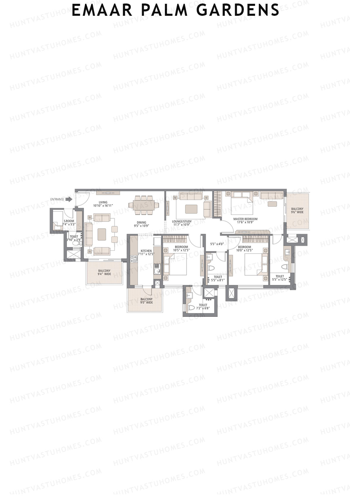 Emaar Palm Gardens, Tower 2, Unit 6 (Type 1G), 3BHK, Super Area 1900   sq ft 