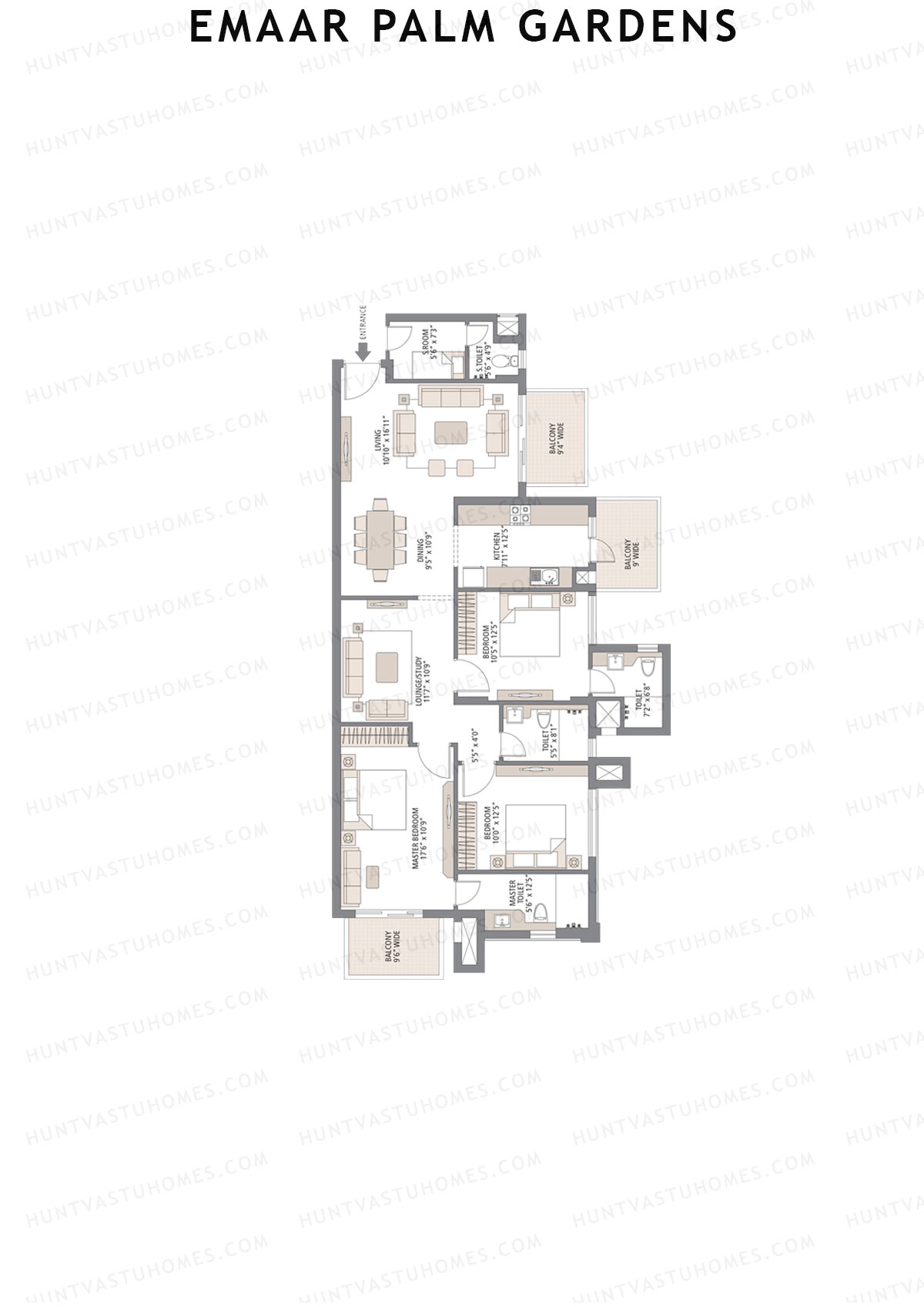 Emaar Palm Gardens, Tower 3, Unit 5 (Type 1E), 3BHK, Super Area 1900   sq ft 