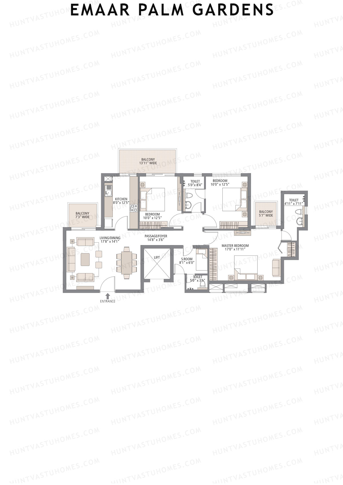 Emaar Palm Gardens, Tower 5, Unit 1 (Type 2), 3BHK, Super Area 1720   sq ft 