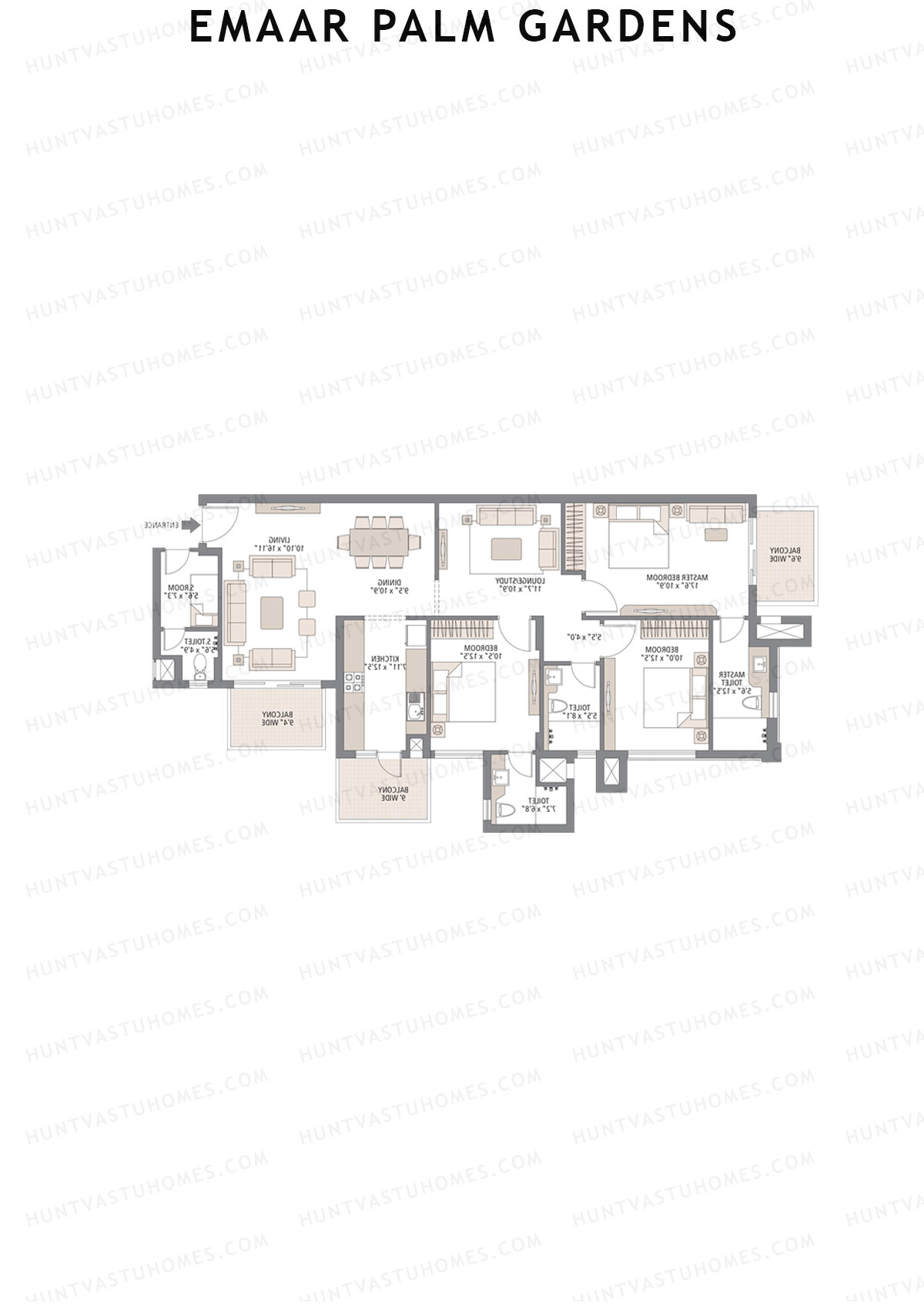 Emaar Palm Gardens, Tower 6, Unit 3 (Type 1E), 3BHK, Super Area 1900   sq ft 