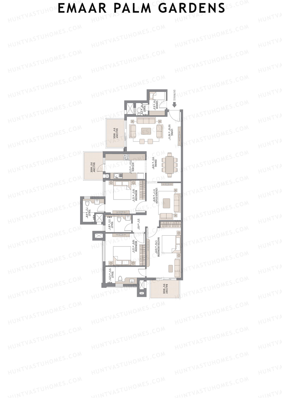 Emaar Palm Gardens, Tower 7, Unit 3 (Type 1G), 3BHK, Super Area 1900   sq ft 