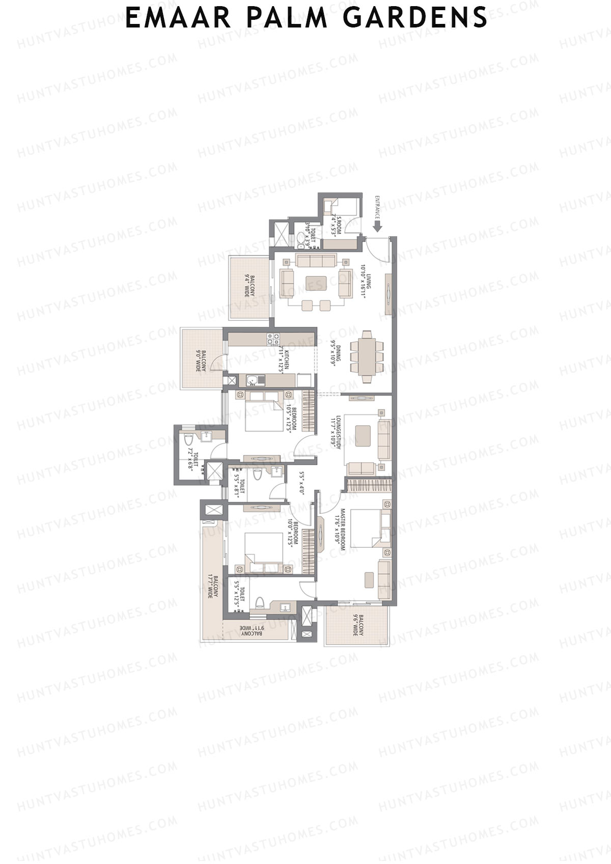 Emaar Palm Gardens, Tower 7, Unit 3 (Type 1H), 3BHK, Super Area 1950   sq ft 