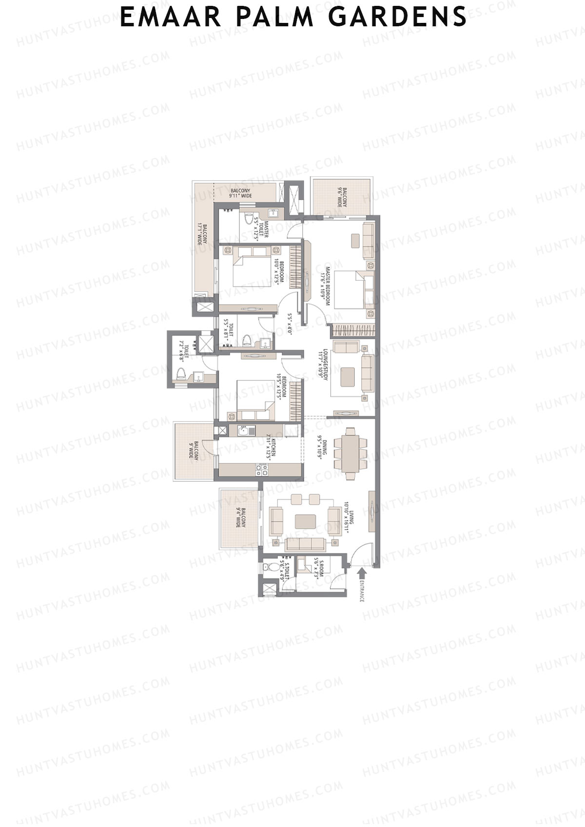 Emaar Palm Gardens, Tower 7, Unit 5 (Type 1F), 3BHK, Super Area 1950   sq ft 