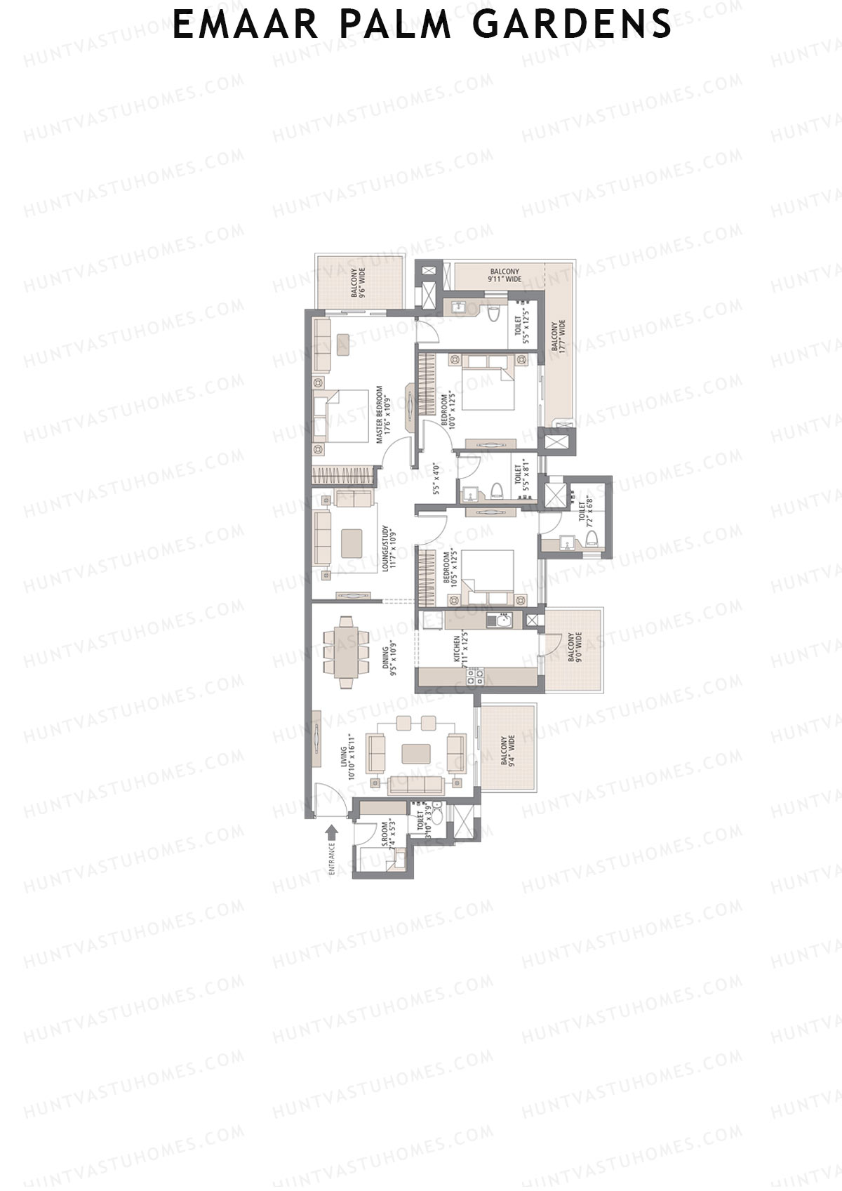 Emaar Palm Gardens, Tower 7, Unit 6 (Type 1H), 3BHK, Super Area 1950   sq ft 