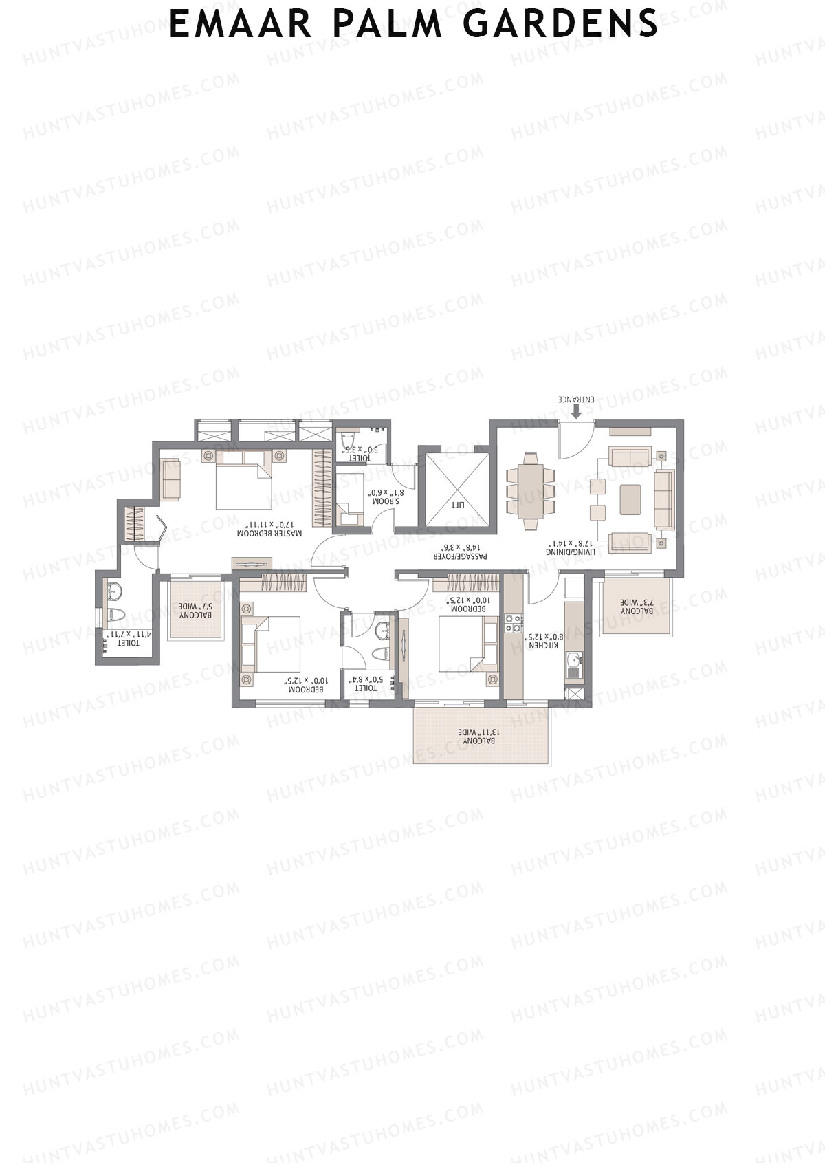 Emaar Palm Gardens, Tower 8, Unit 4 (Type 2), 3BHK, Super Area 1720   sq ft 