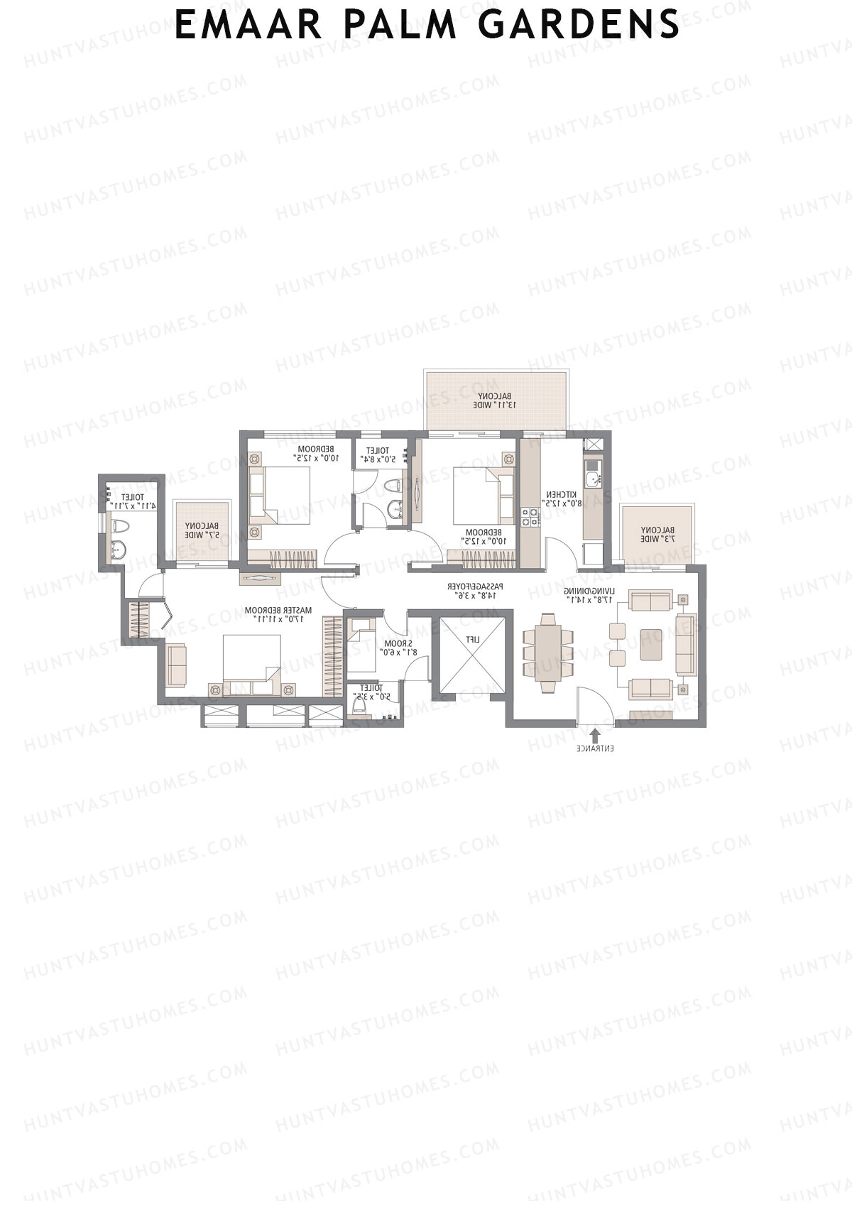 Emaar Palm Gardens, Tower 9, Unit 1 (Type 2), 3BHK, Super Area 1720   sq ft 