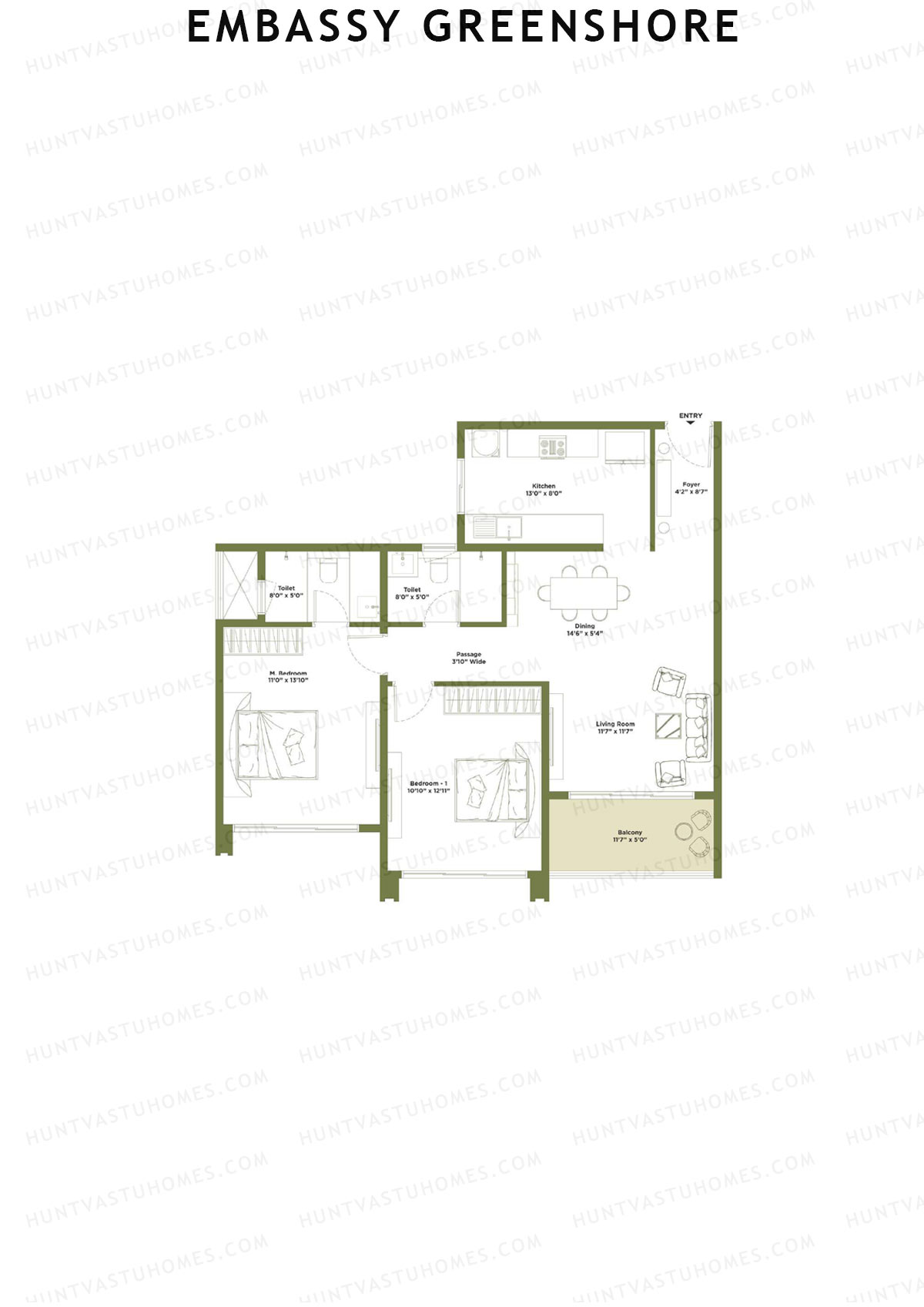 Embassy Greenshore, Tower 2, Unit 2, 2BHK, Super Area 1207   sq ft 