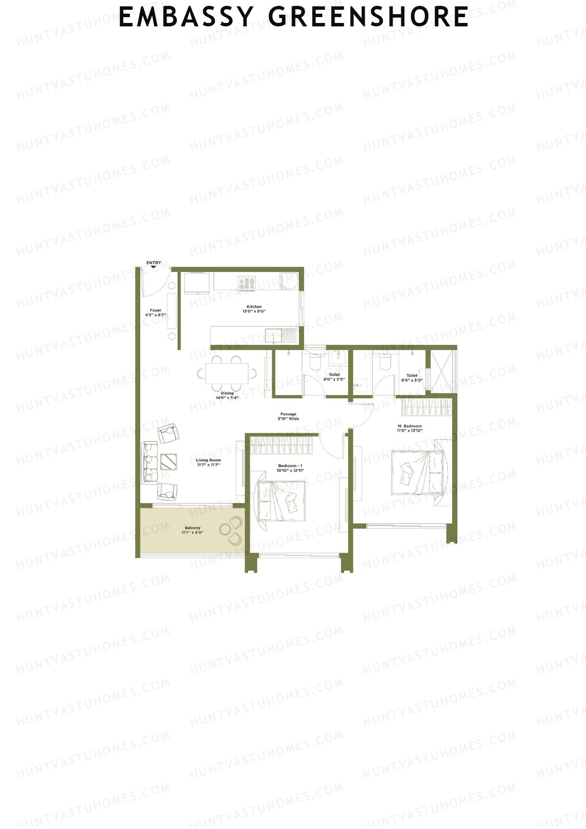 Embassy Greenshore, Tower 6, Unit 1, 2BHK, Super Area 1207   sq ft 