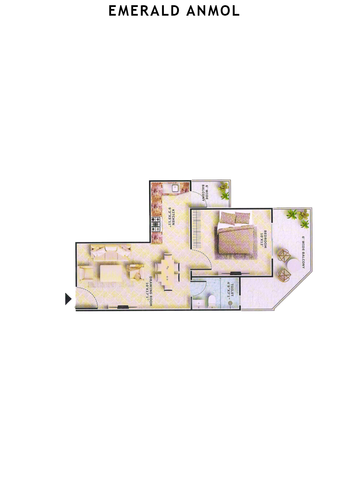 Emerald Anmol Tower A10 Unit 1 (Type 1BHK) Floor Plan