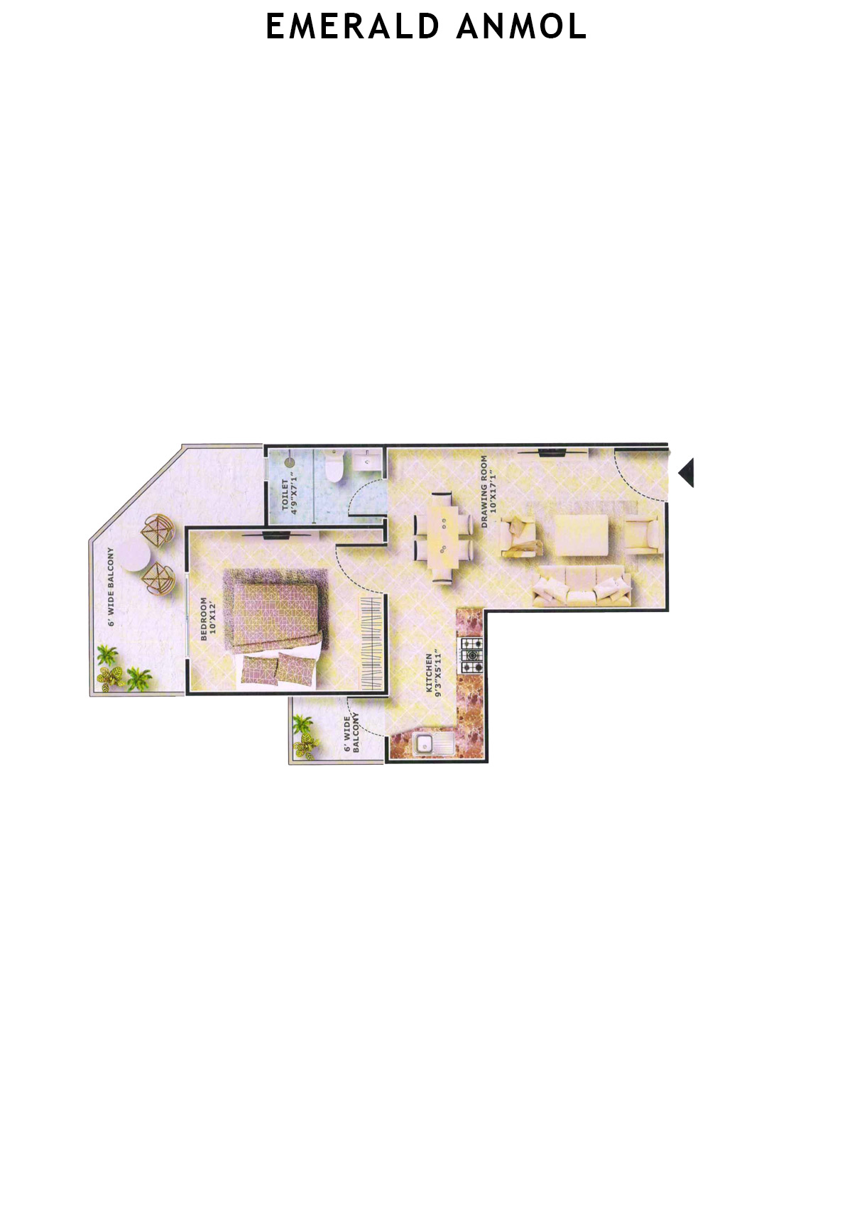 Emerald Anmol Tower A10 Unit 7 (Type 1BHK) Floor Plan