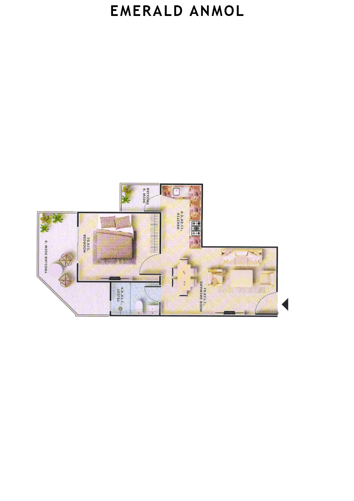 Emerald Anmol Tower A10 Unit 8 (Type 1BHK) Floor Plan