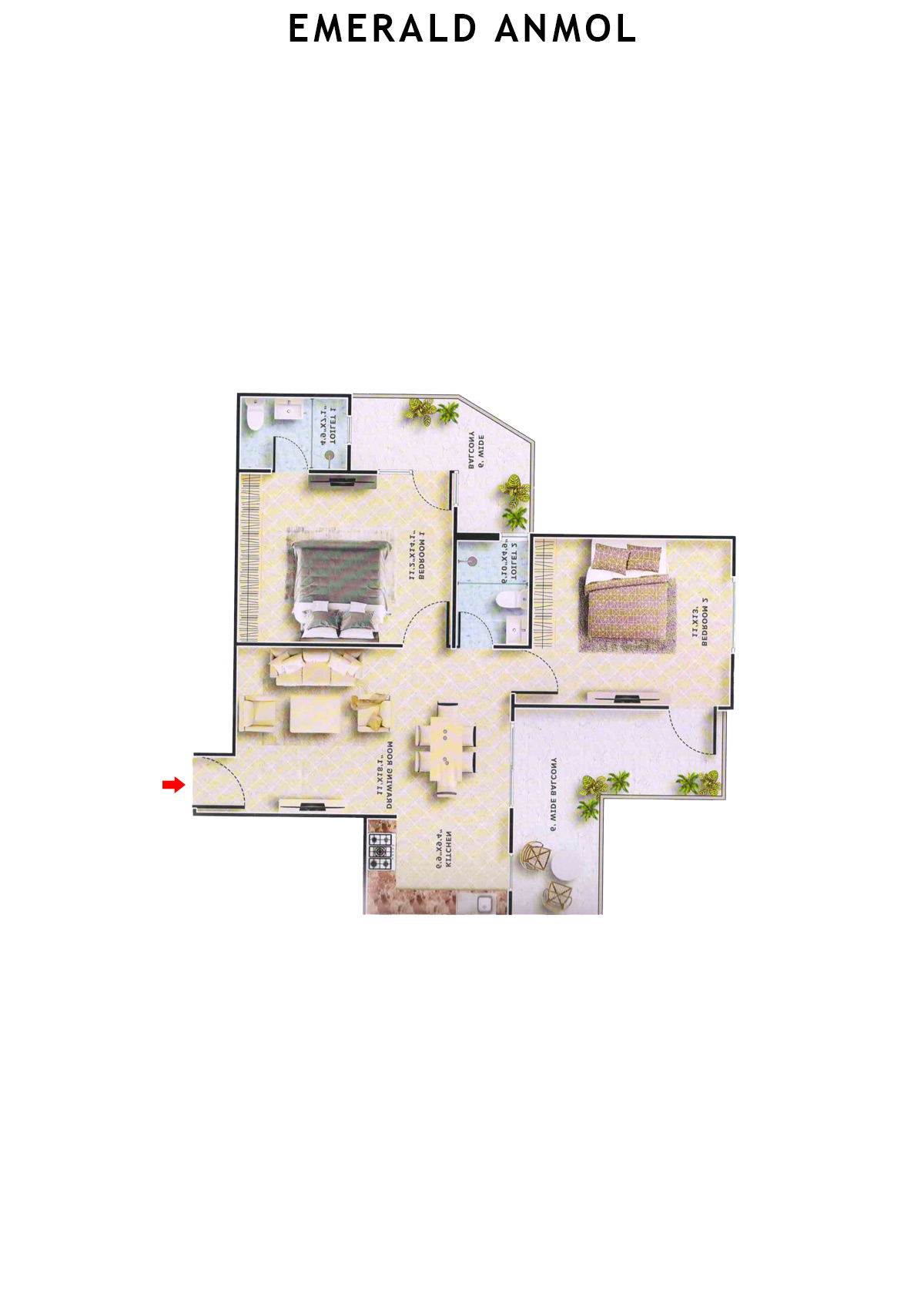 Emerald Anmol Tower A1 Unit 1 (Type 2BHK) Floor Plan