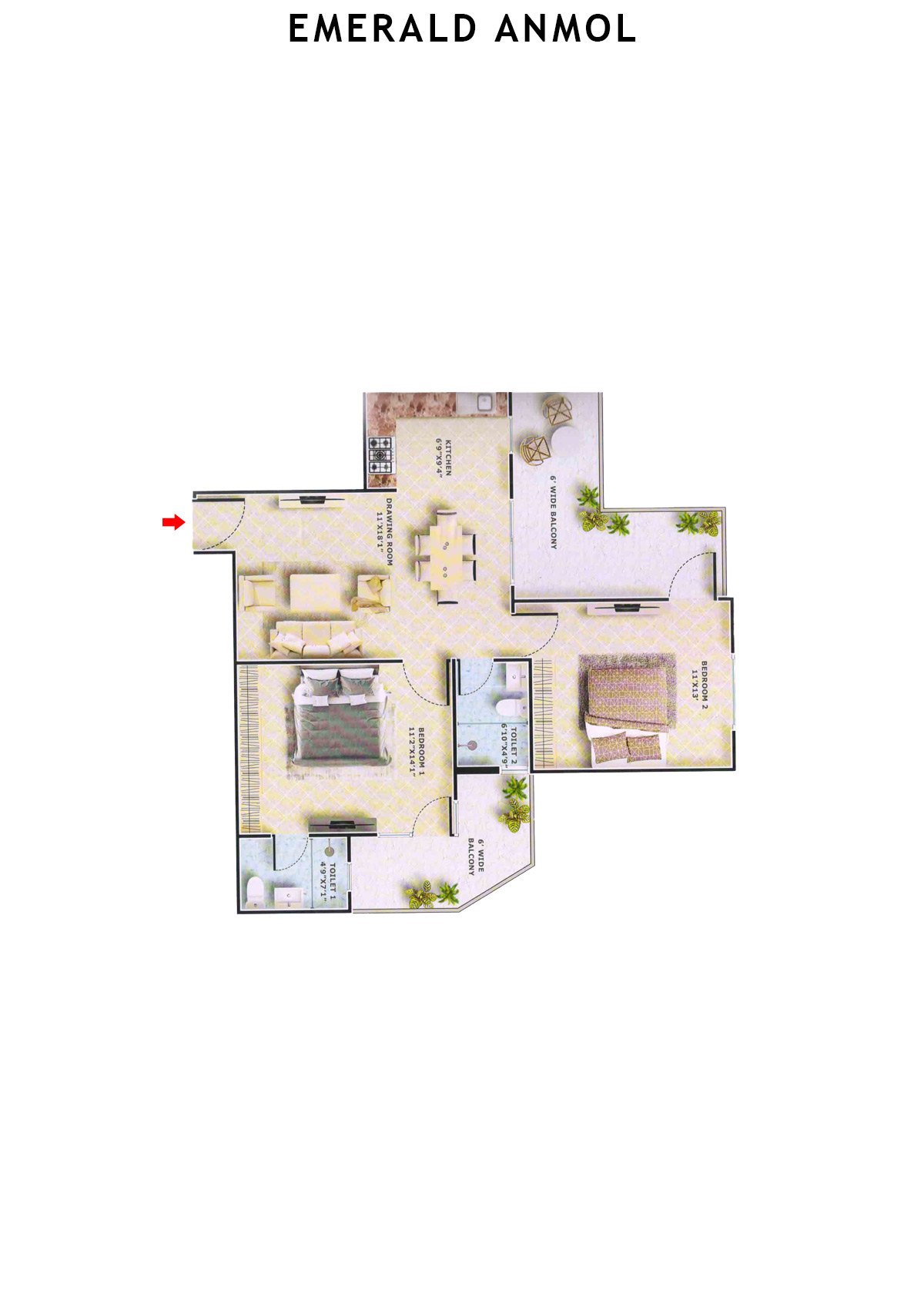 Emerald Anmol Tower A1 Unit 2 (Type 2BHK) Floor Plan