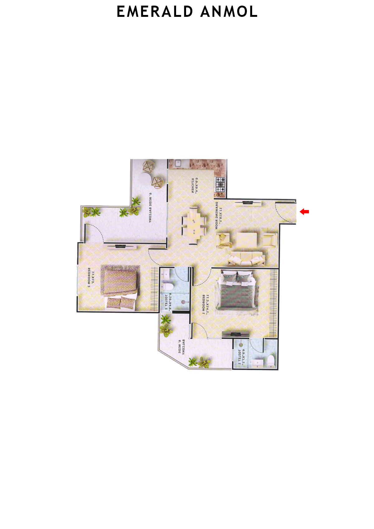 Emerald Anmol Tower A1 Unit 3 (Type 2BHK) Floor Plan