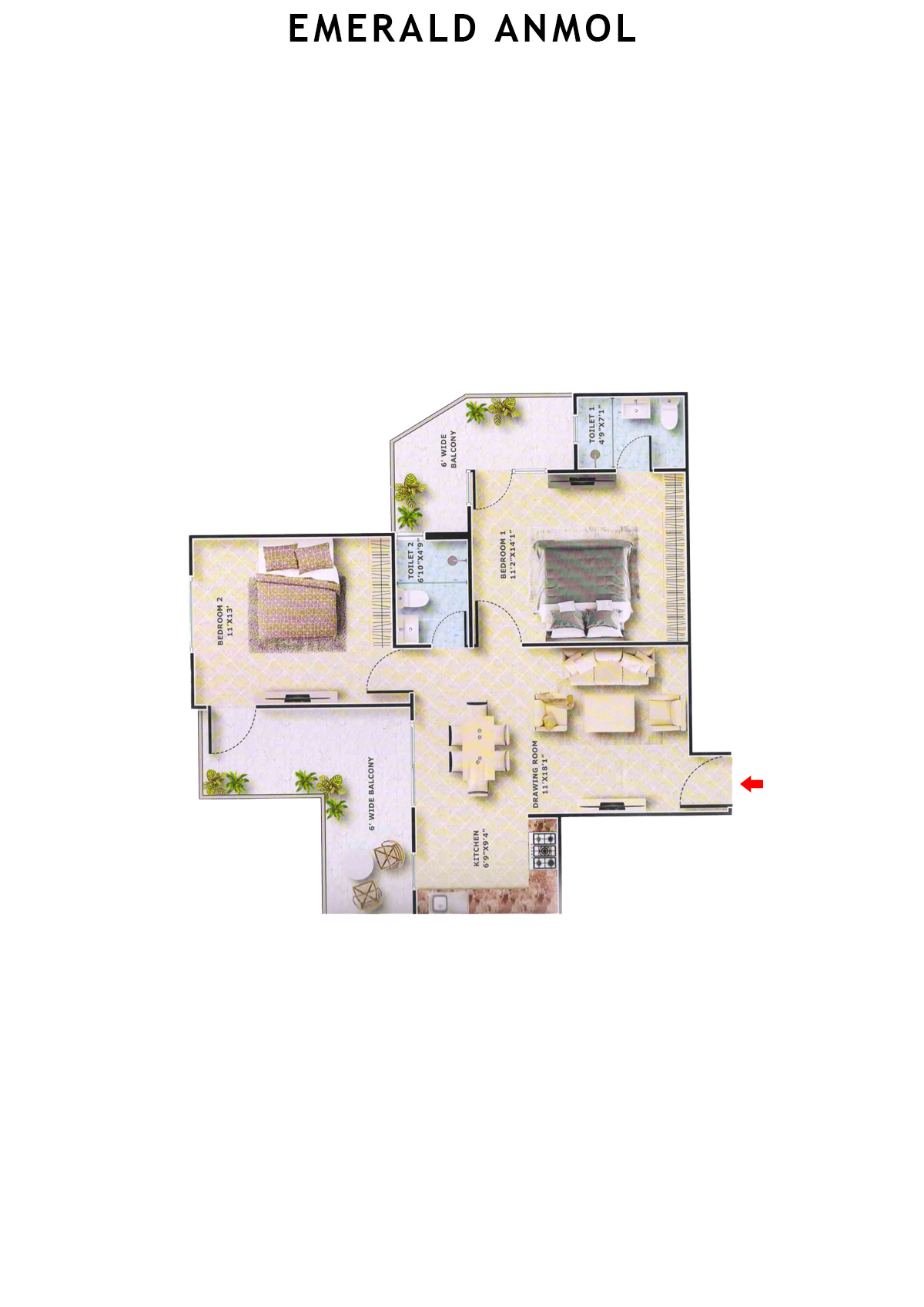 Emerald Anmol Tower A1 Unit 4 (Type 2BHK) Floor Plan