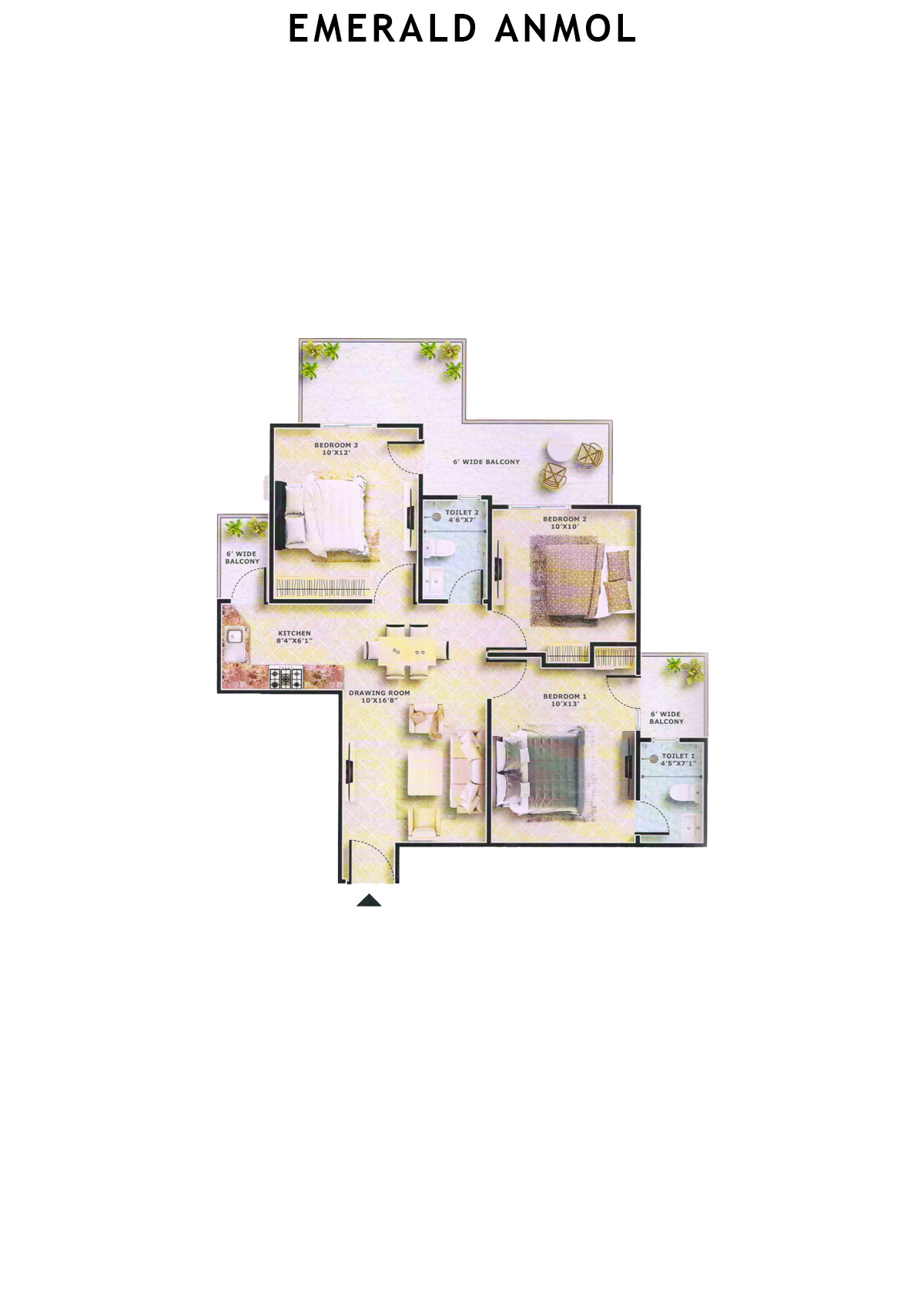 Emerald Anmol Tower A6 Unit 1 (Type 3BHK) Floor Plan