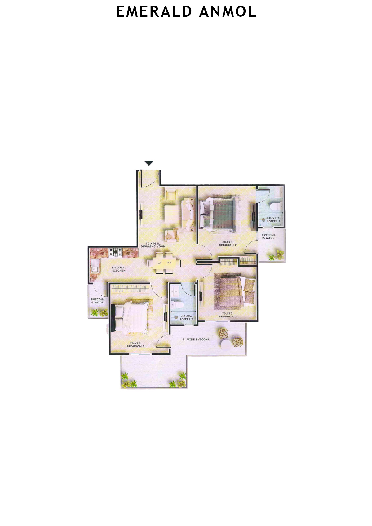 Emerald Anmol Tower A6 Unit 2 (Type 3BHK) Floor Plan