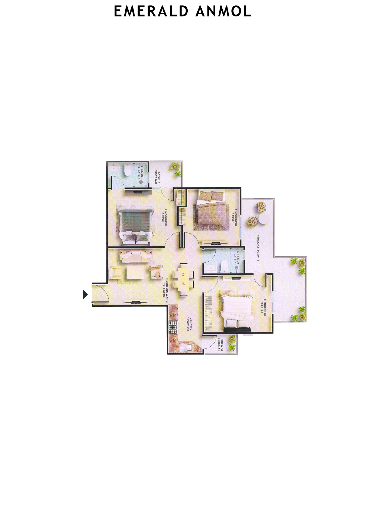 Emerald Anmol Tower A7 Unit 1 (Type 3BHK) Floor Plan