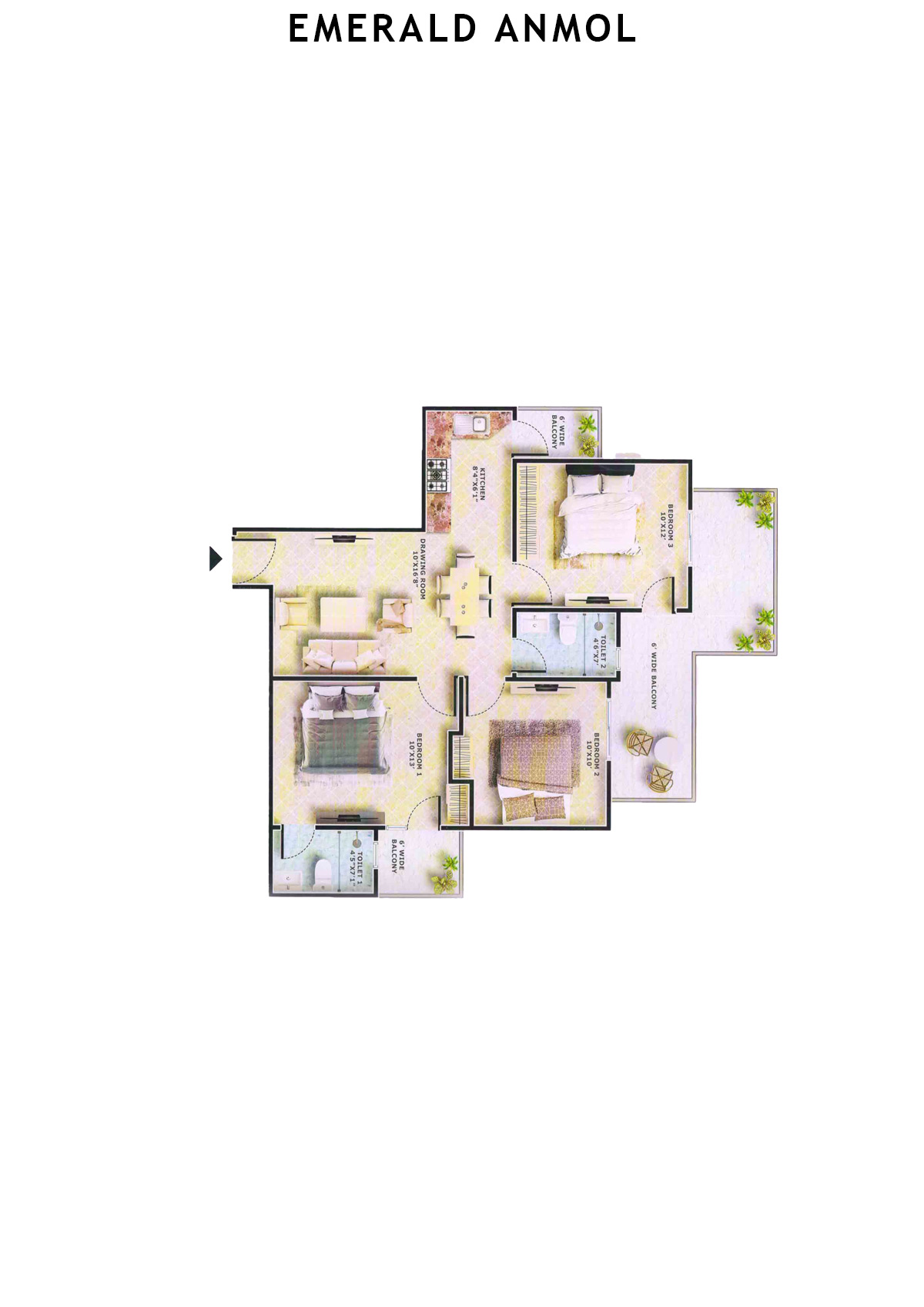 Emerald Anmol Tower A7 Unit 2 (Type 3BHK) Floor Plan