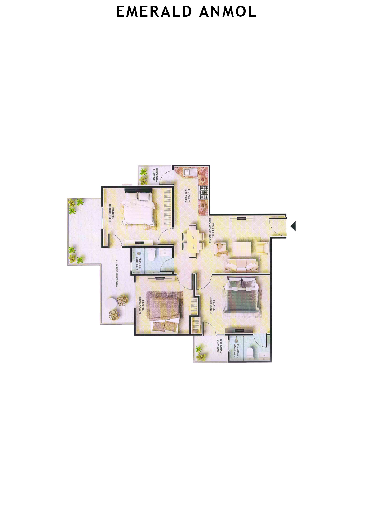 Emerald Anmol Tower A7 Unit 3 (Type 3BHK) Floor Plan