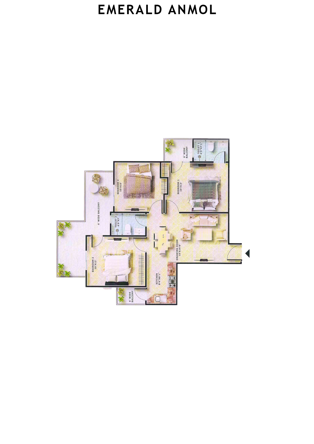 Emerald Anmol Tower A7 Unit 4 (Type 3BHK) Floor Plan