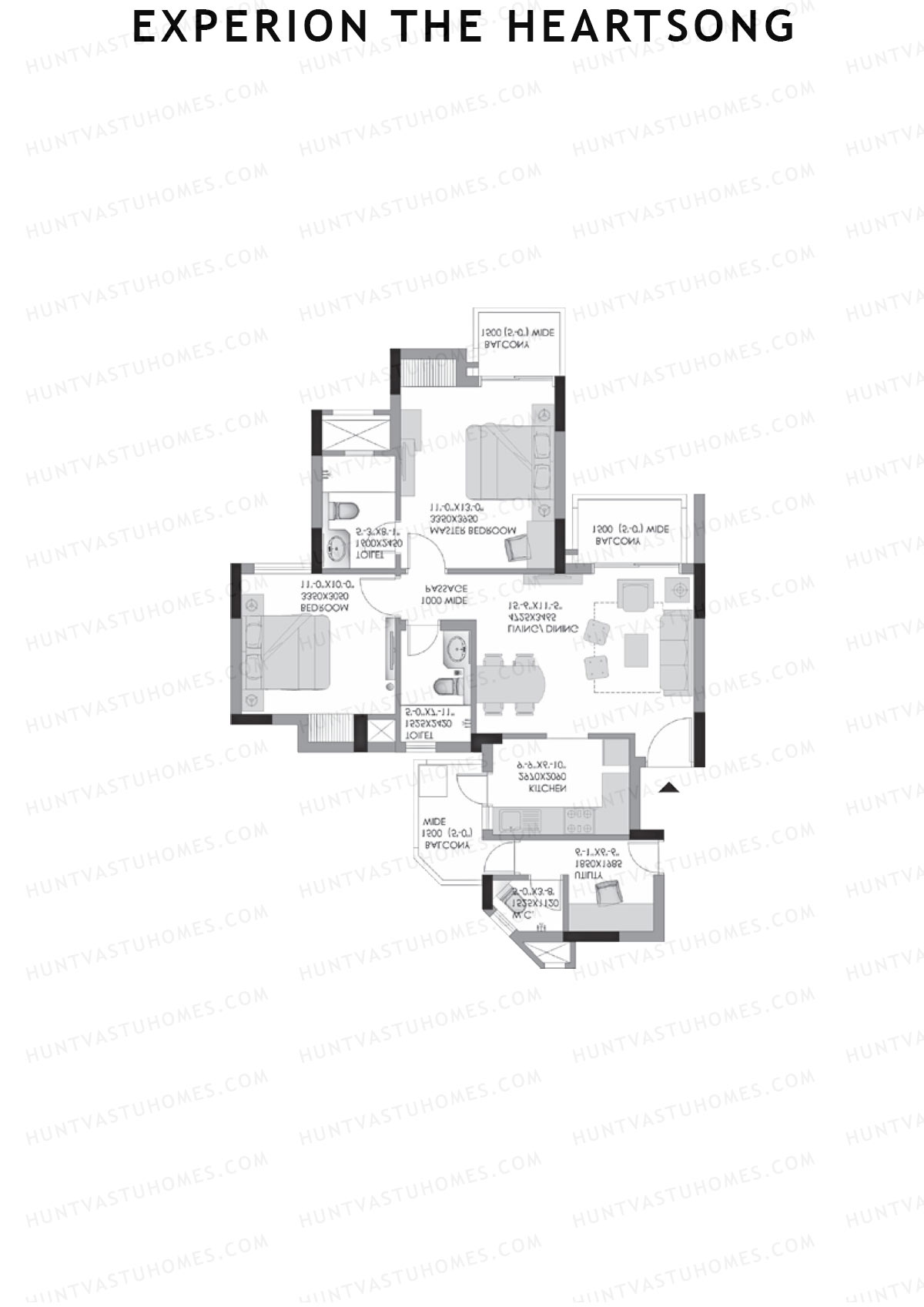 Experion The Heartsong, Tower A1, Unit 2 (Type 1A), 2BHK, Super Area 970   sq ft 