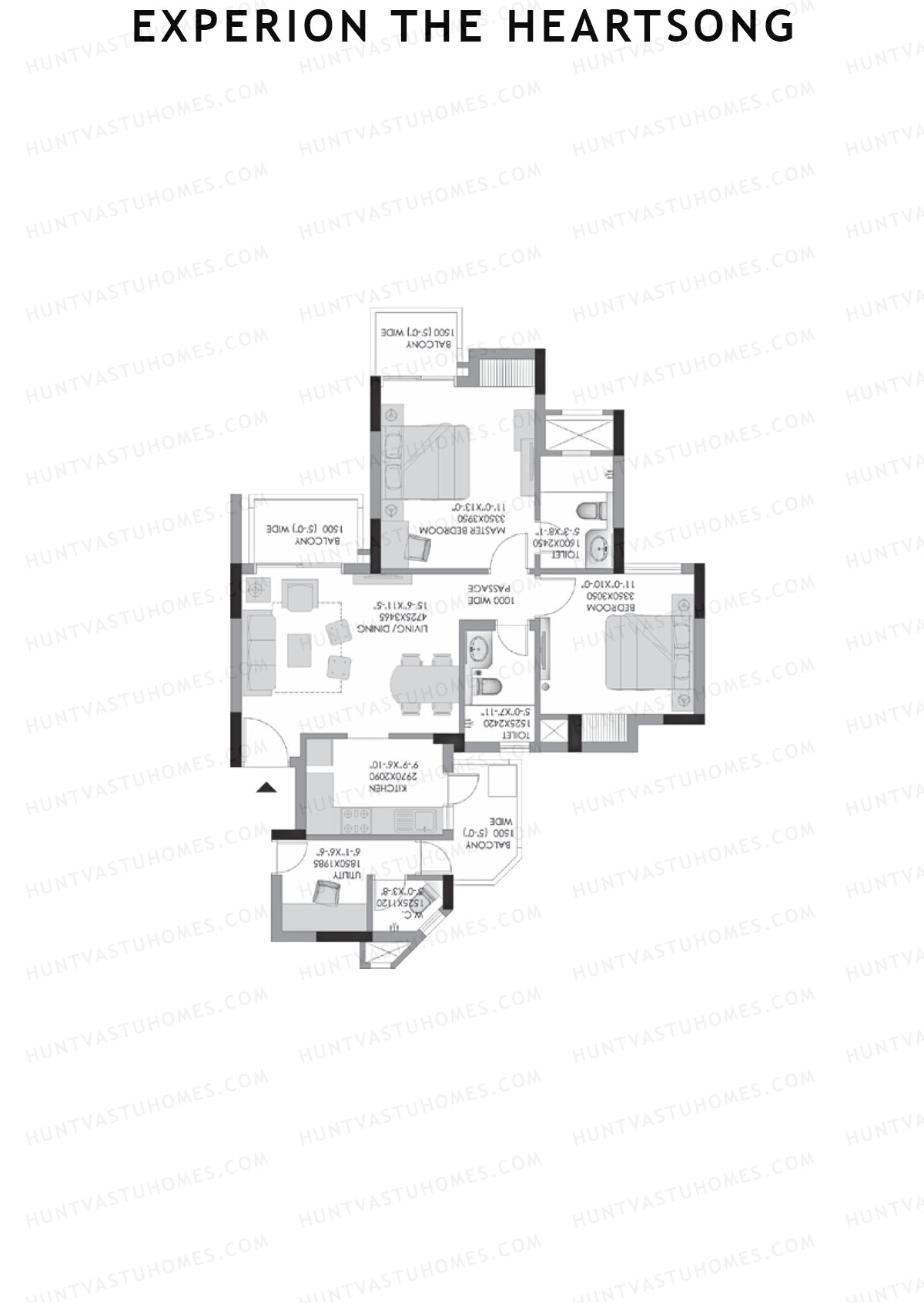 Experion The Heartsong, Tower A1, Unit 3 (Type 1A), 2BHK, Super Area 970   sq ft 