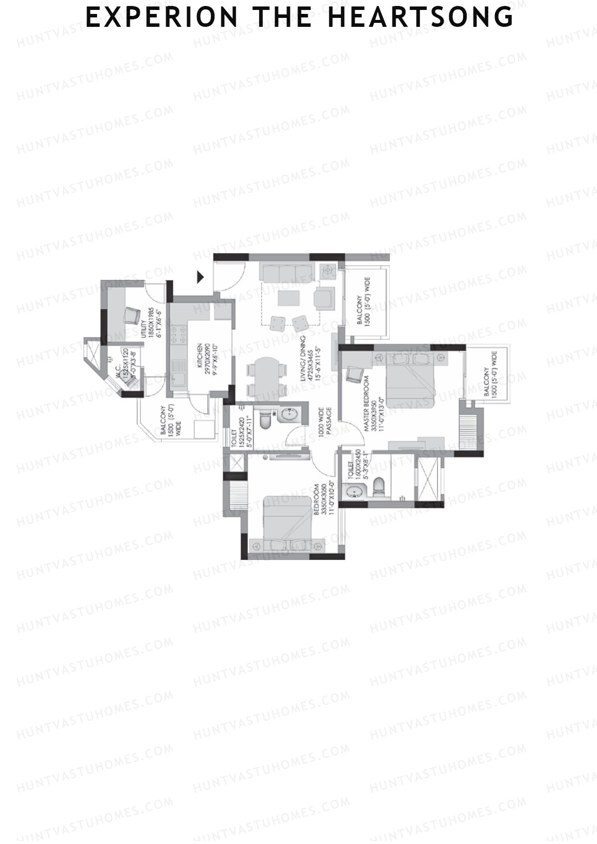 Experion The Heartsong, Tower A1, Unit 5 (Type 1A), 2BHK, Super Area 970   sq ft 