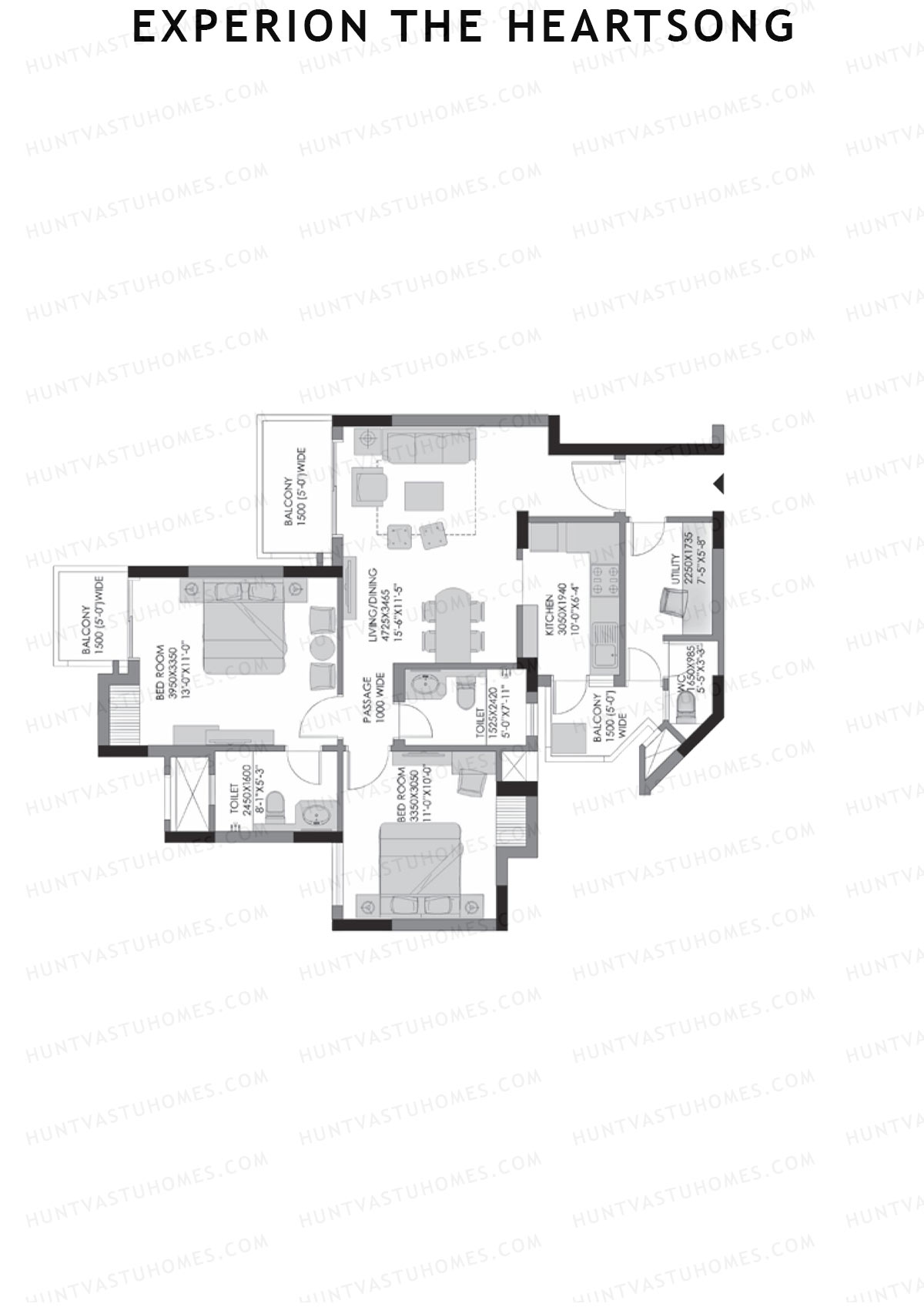 Experion The Heartsong, Tower A1, Unit 6 (Type 1B), 2BHK, Super Area 978   sq ft 