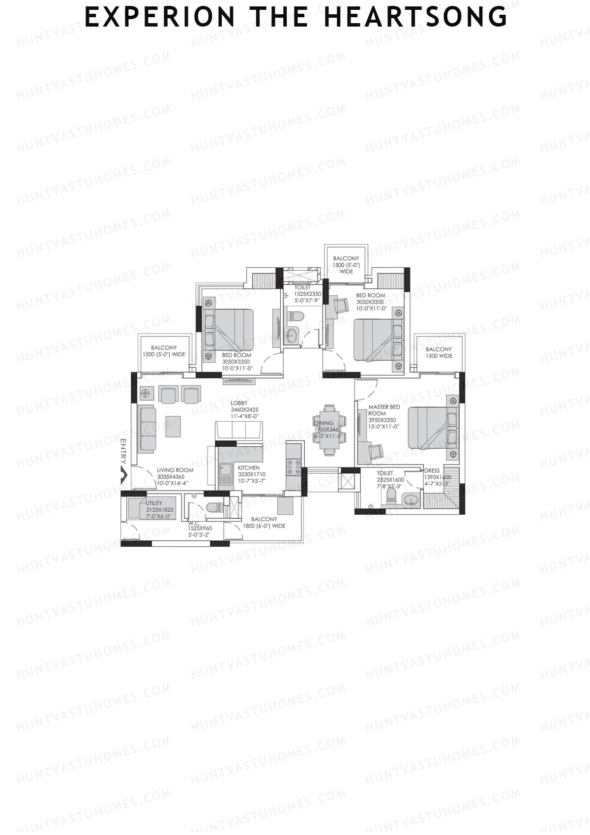 Experion The Heartsong, Tower B1, Unit 1 (Type 2C), 3BHK, Super Area 1275   sq ft 