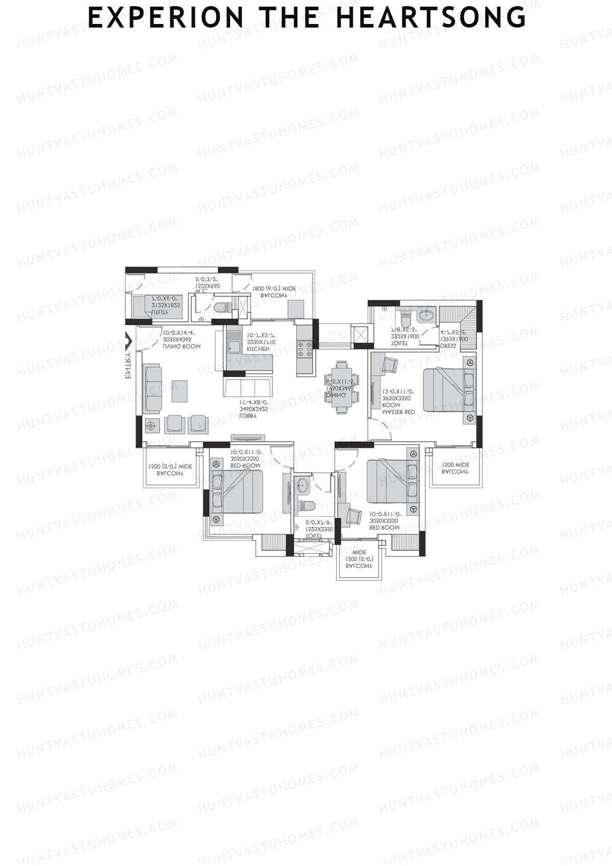 Experion The Heartsong, Tower B1, Unit 2 (Type 2C), 3BHK, Super Area 1275   sq ft 