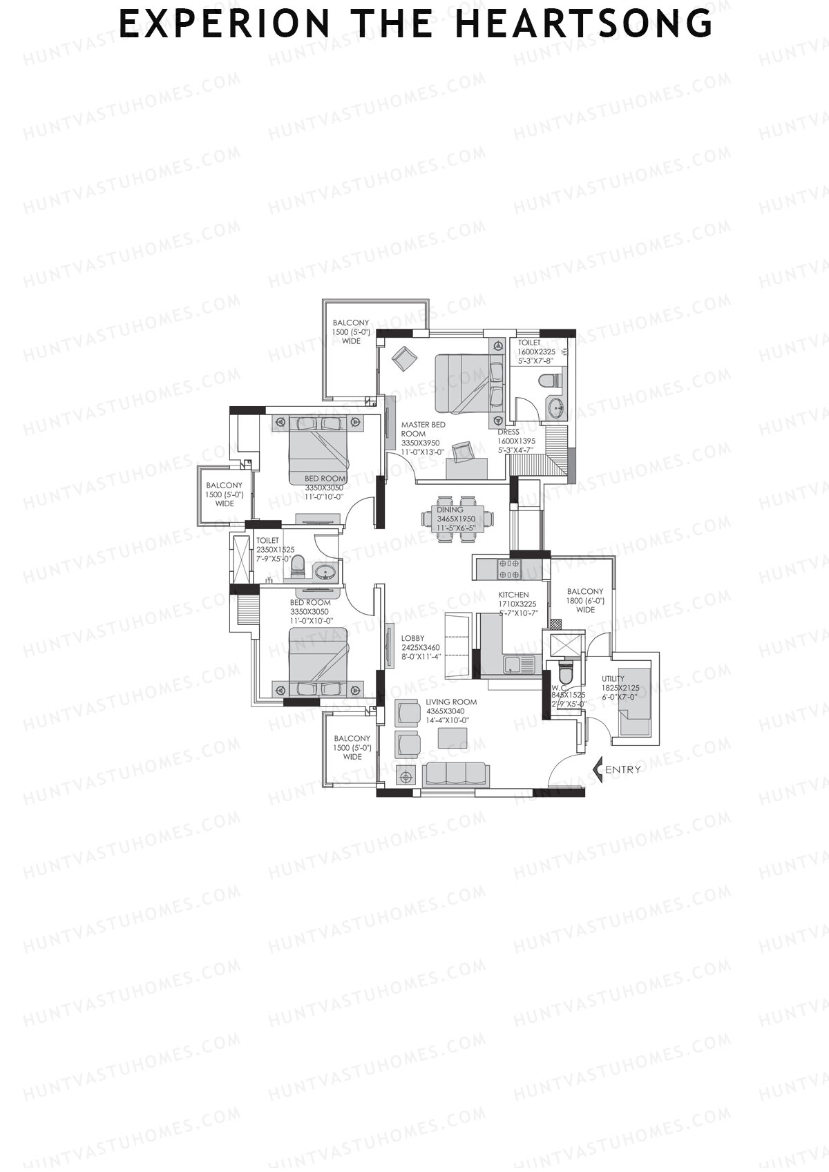 Experion The Heartsong, Tower B1, Unit 3 (Type 2B), 3BHK, Super Area 1338   sq ft 