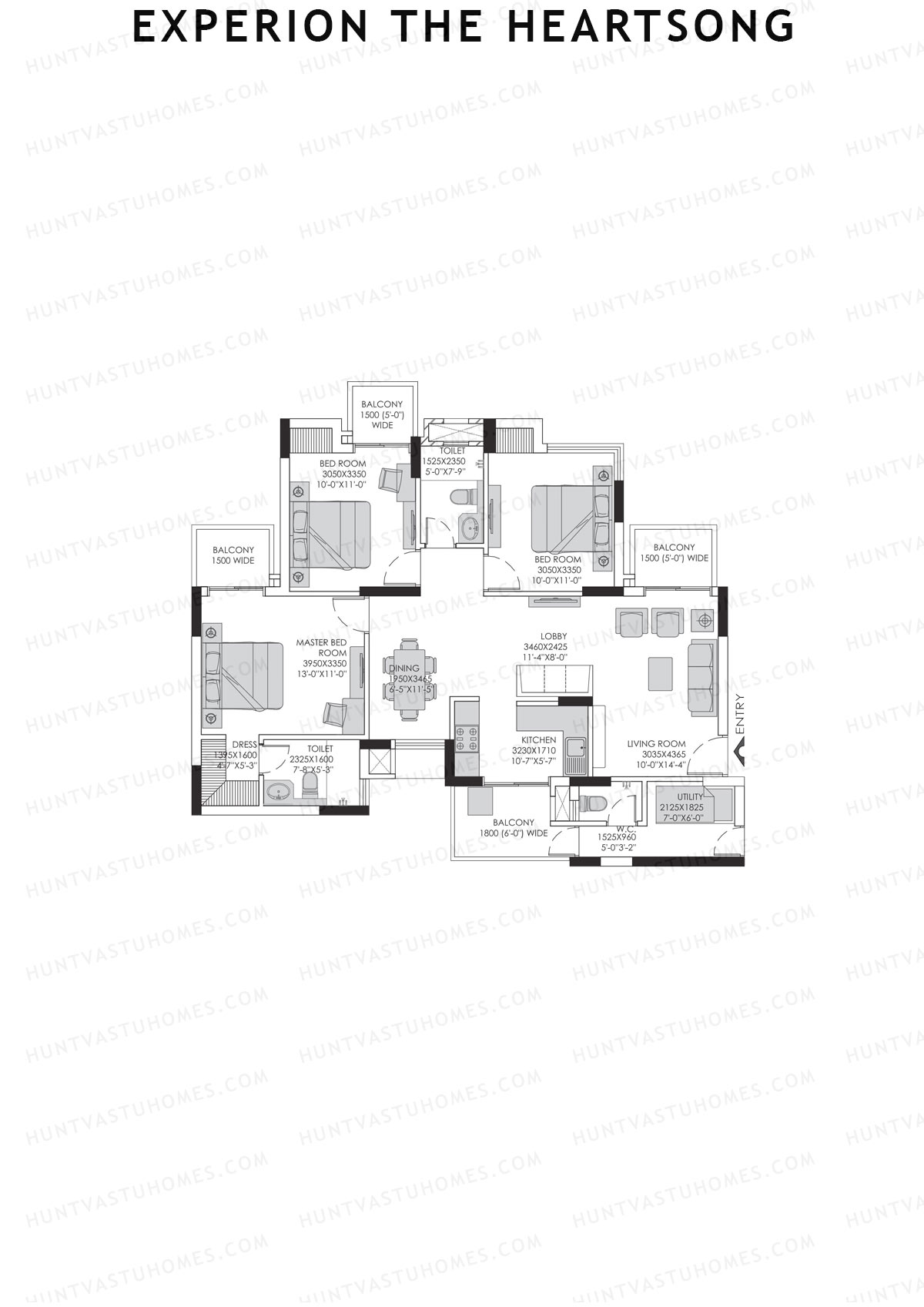 Experion The Heartsong, Tower B5, Unit 4 (Type 2A), 3BHK, Super Area 1275   sq ft 