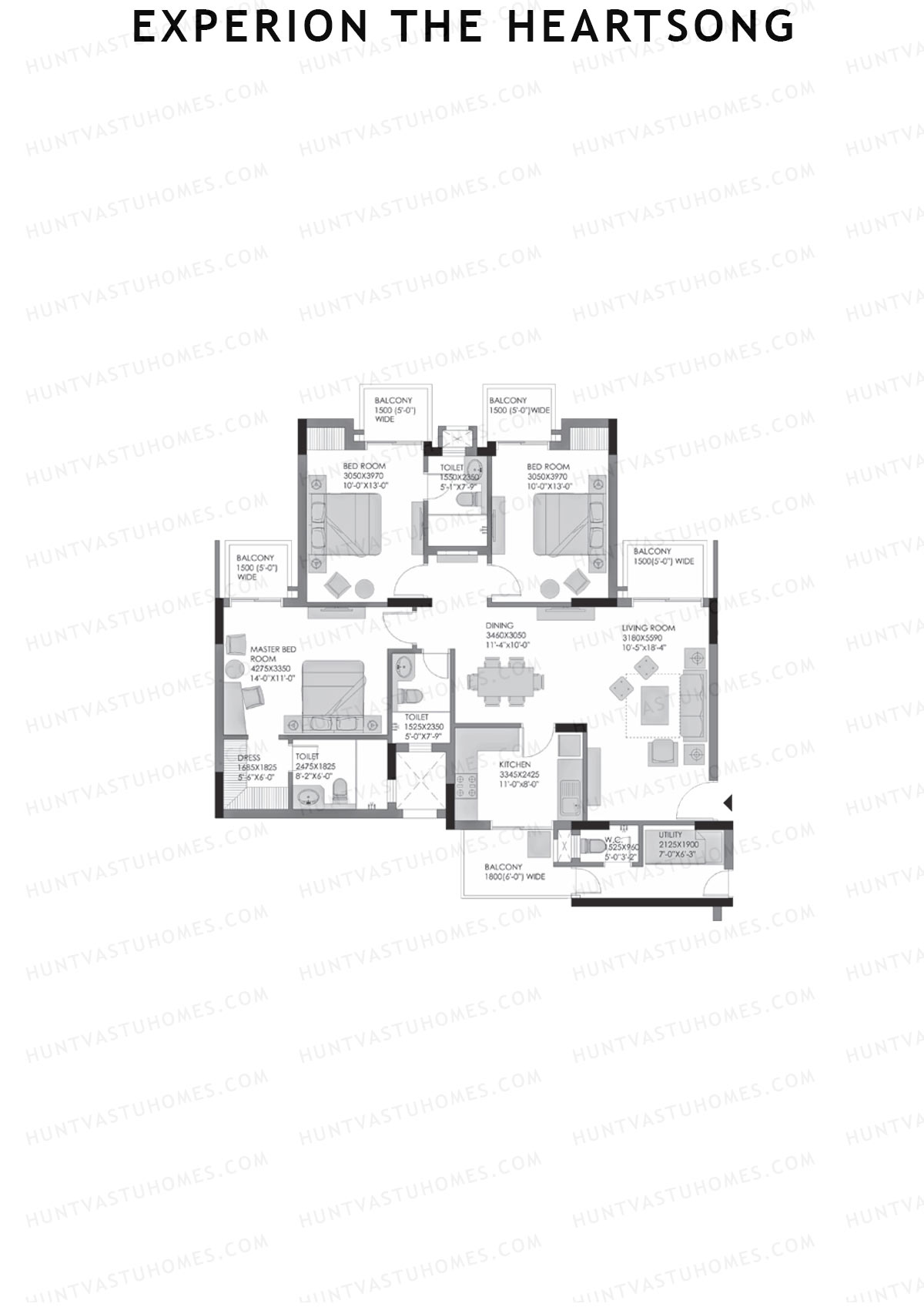Experion The Heartsong, Tower B8, Unit 2 (Type 3), 3BHK, Super Area 1500   sq ft 
