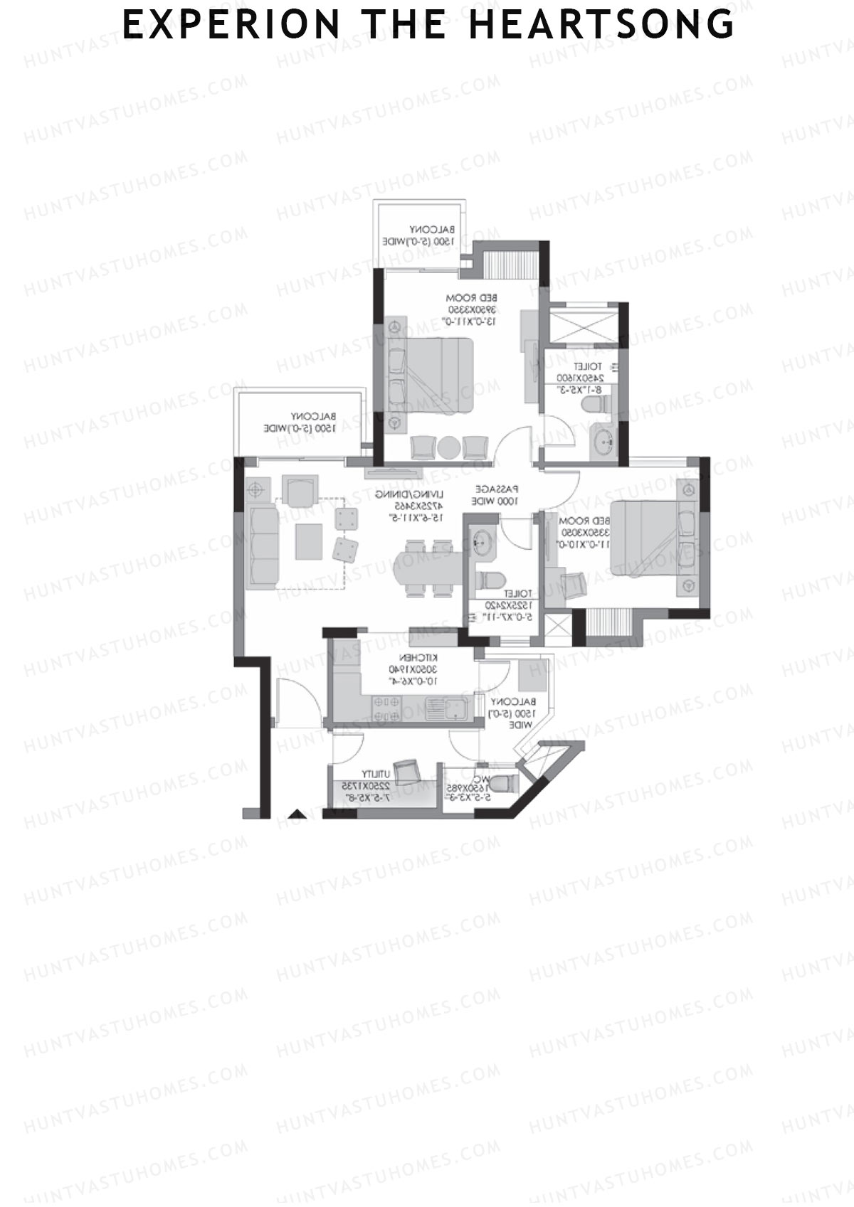 Experion The Heartsong, Tower C1, Unit 1 (Type 1B), 2BHK, Super Area 978   sq ft 