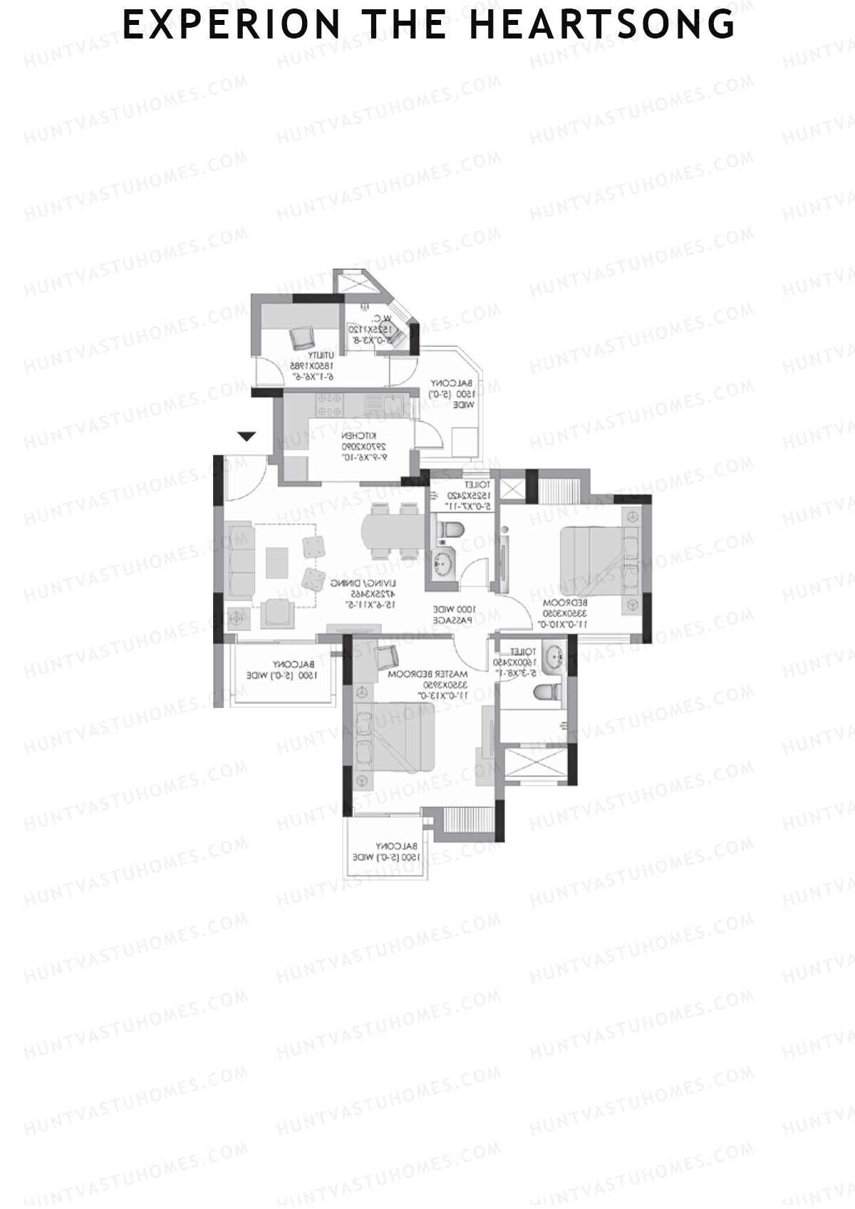 Experion The Heartsong, Tower C1, Unit 4 (Type 1A), 2BHK, Super Area 970   sq ft 