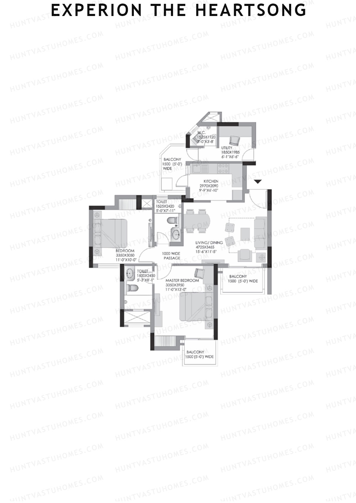 Experion The Heartsong, Tower C1, Unit 5 (Type 1A), 2BHK, Super Area 970   sq ft 