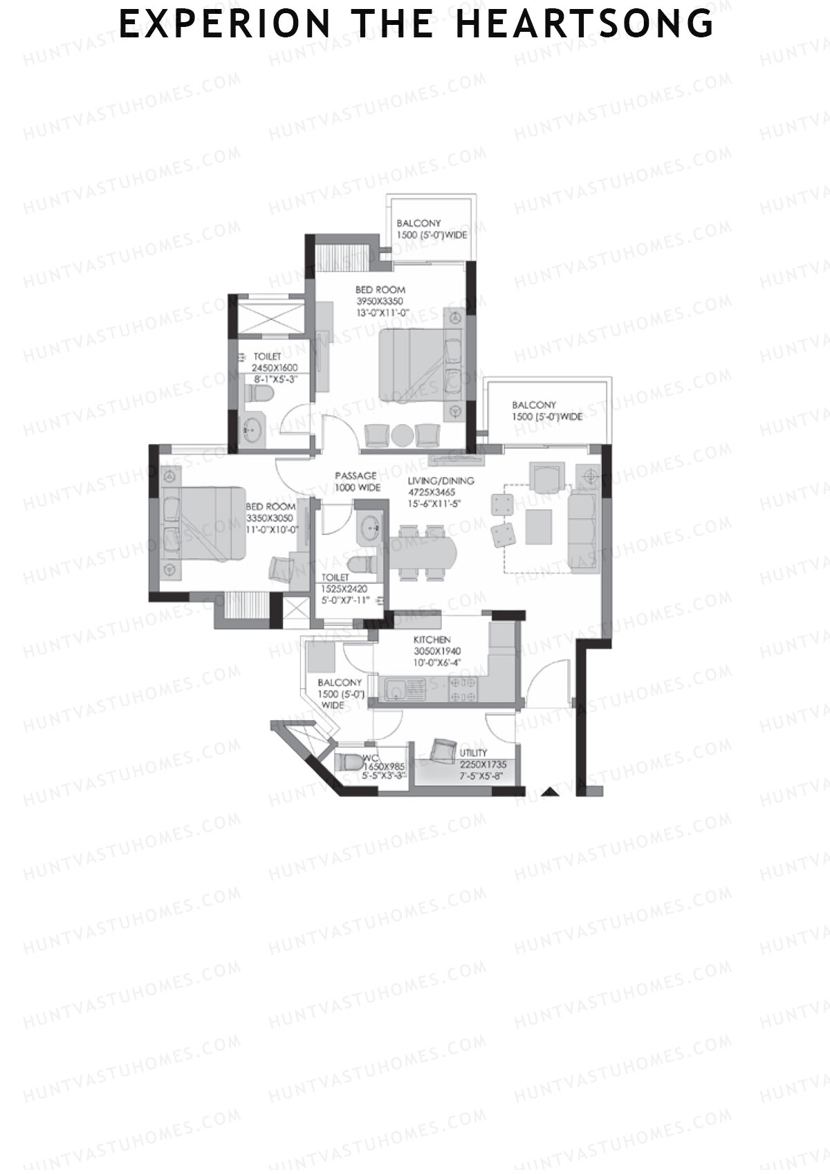 Experion The Heartsong, Tower C1, Unit 6 (Type 1B), 2BHK, Super Area 978   sq ft 