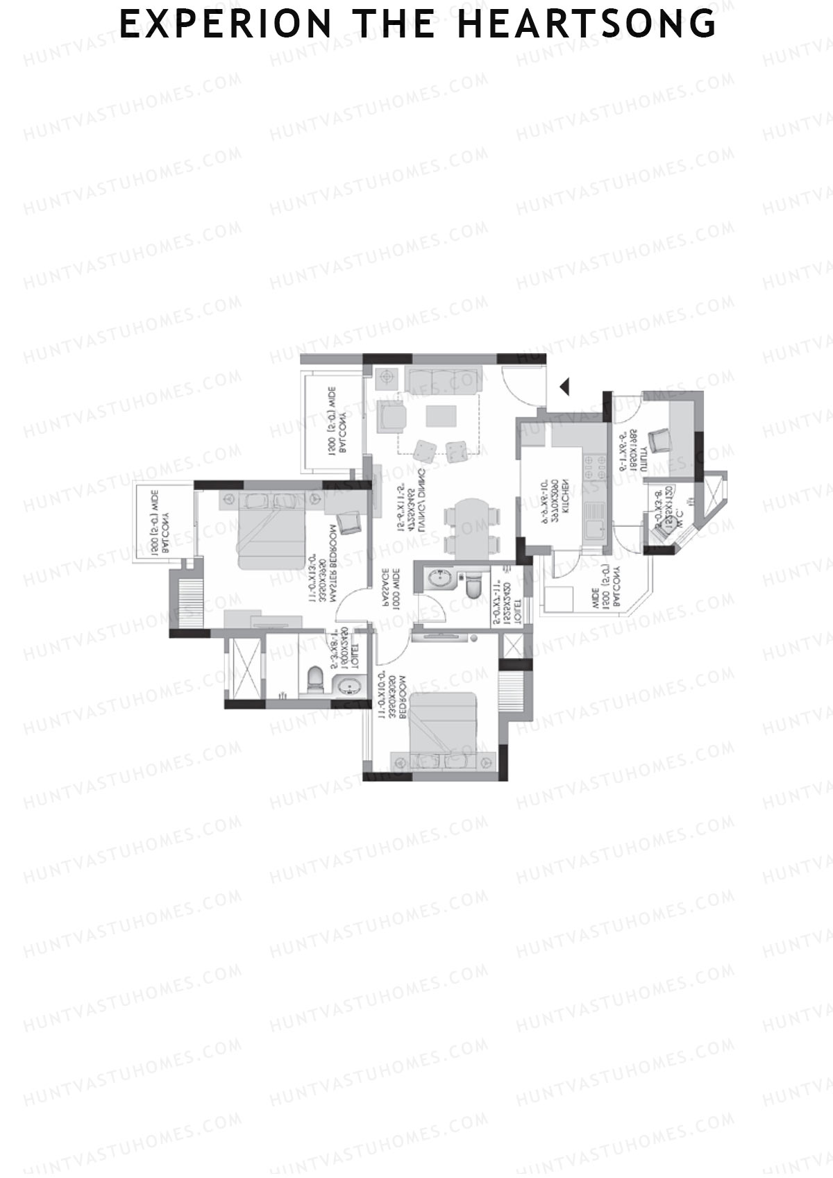 Experion The Heartsong, Tower C2, Unit 2 (Type 1A), 2BHK, Super Area 970   sq ft 