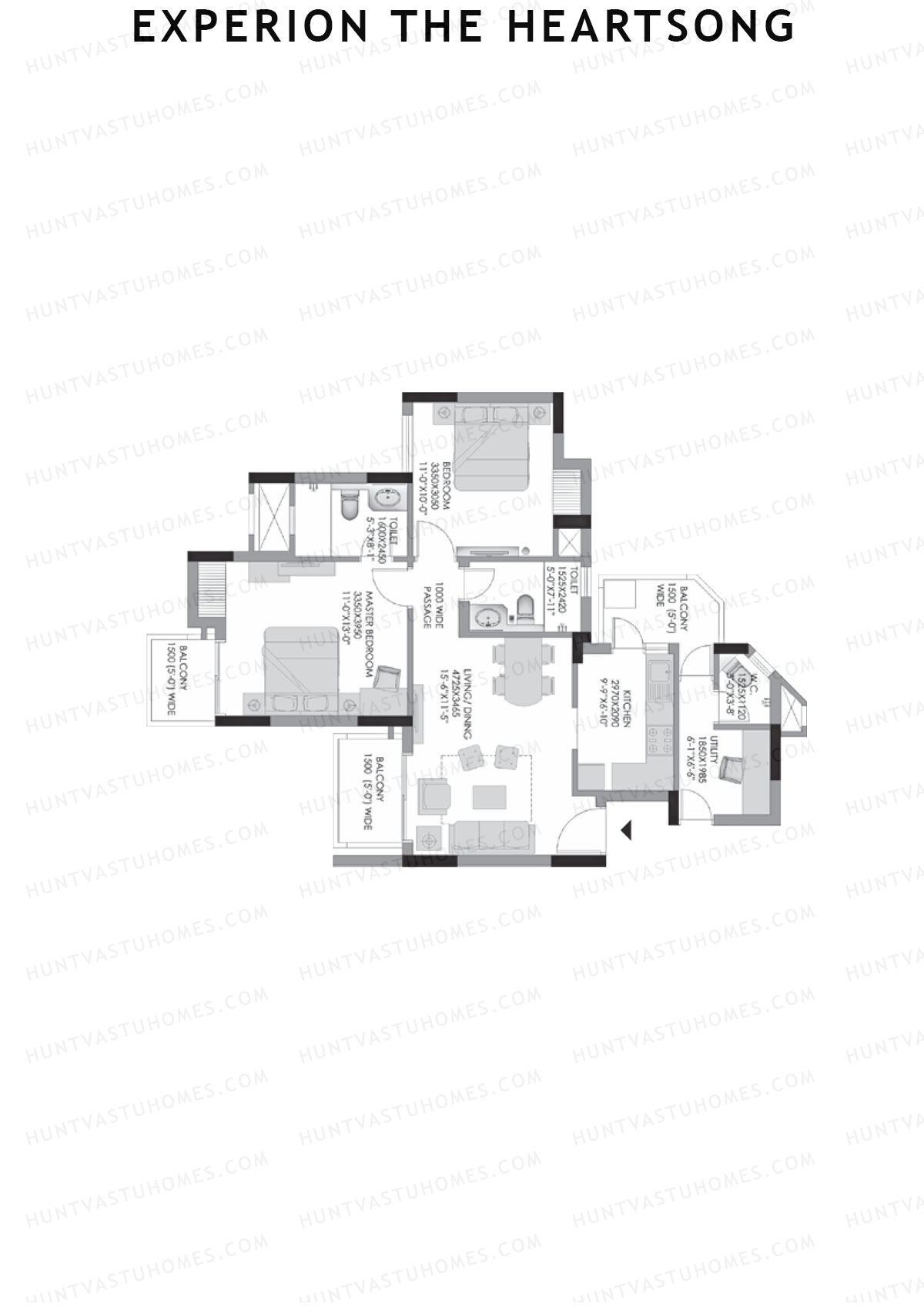 Experion The Heartsong, Tower C2, Unit 3 (Type 1A), 2BHK, Super Area 970   sq ft 