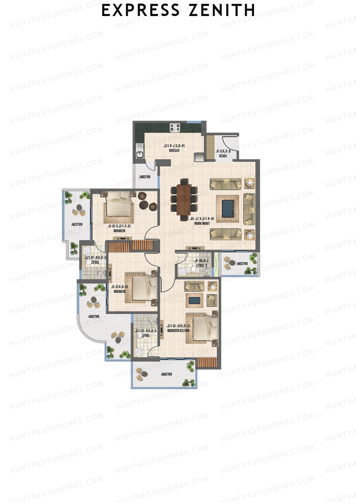 Express Zenith, Tower A, Unit 2, 3BHK, Super Area 1960   sq ft 