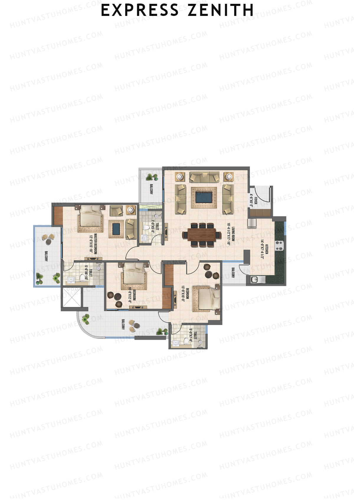 Express Zenith, Tower A, Unit 3, 3BHK, Super Area 1915   sq ft 
